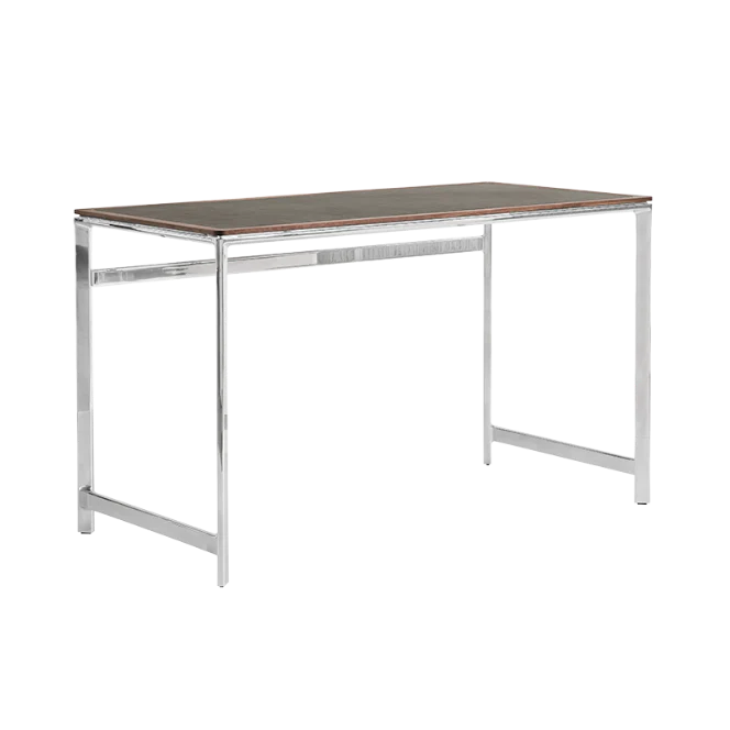 Biurko STUDIO zielony skórzany blat z orzechową ramą i aluminiową podstawą