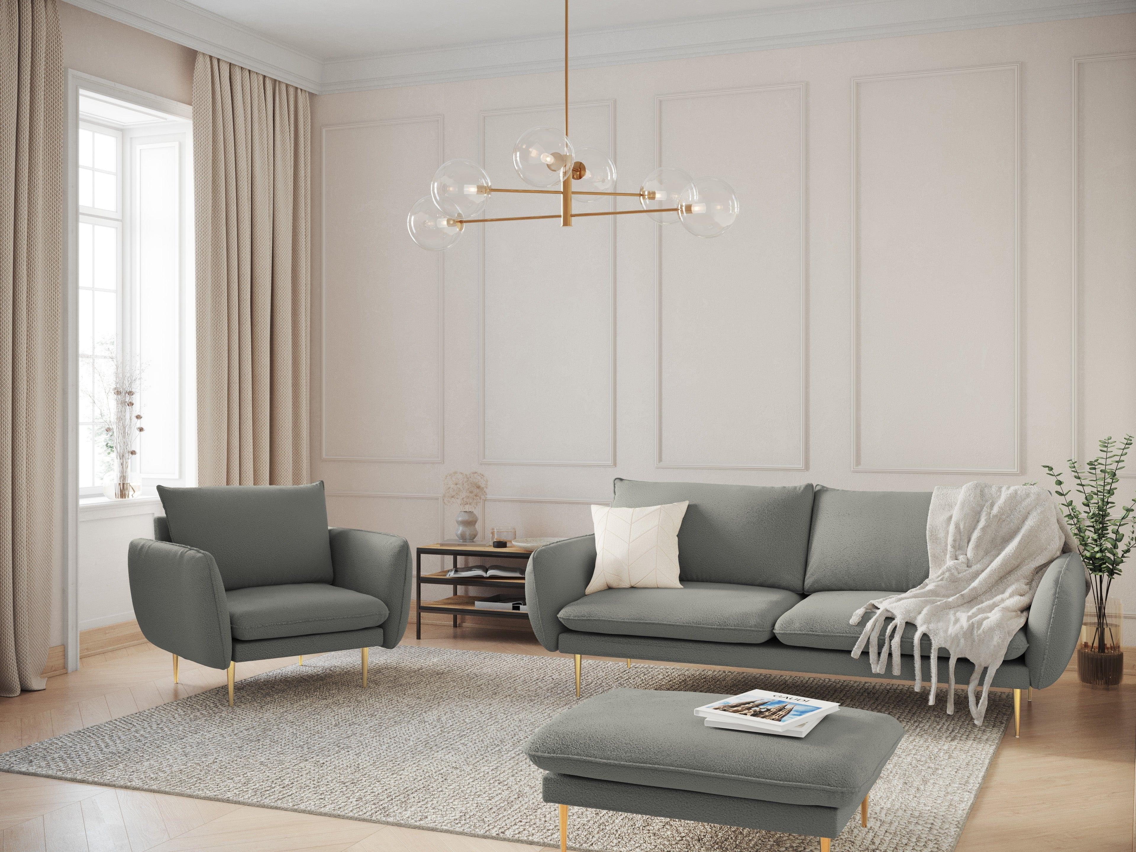 Sofa 3-osobowa VIENNA szary boucle ze złotą podstawą - Image 2