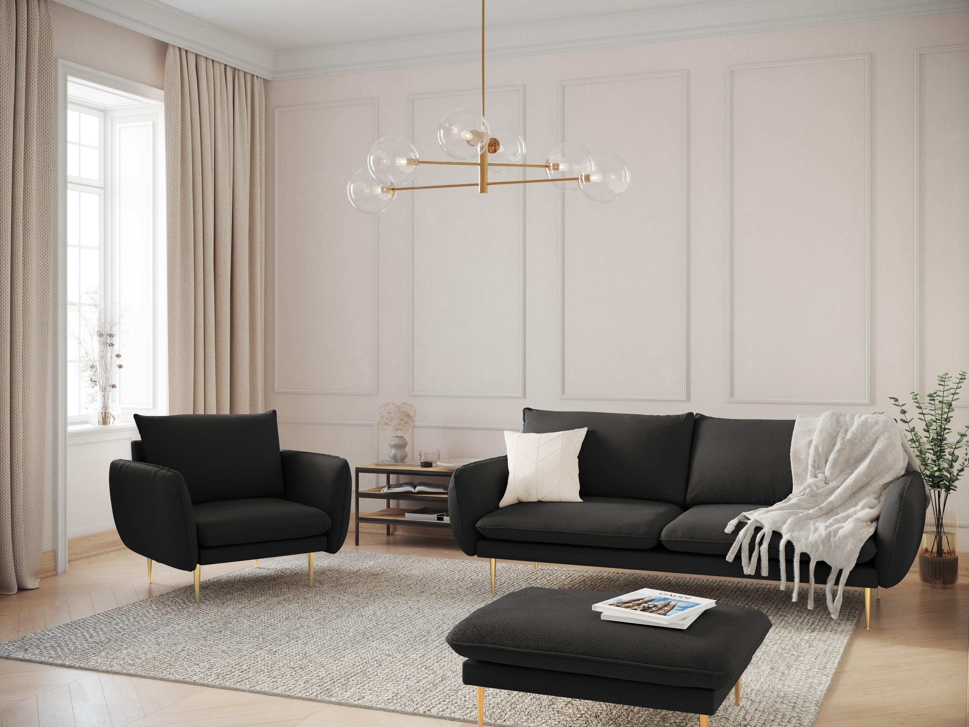 Sofa 3-osobowa VIENNA czarny boucle ze złotą podstawą - Image 7