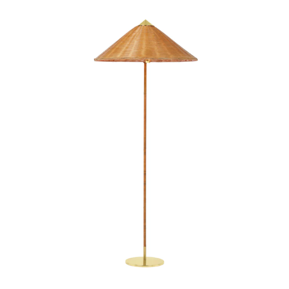 Lampa podłogowa 9602 mosiądz z wiklinowym kloszem