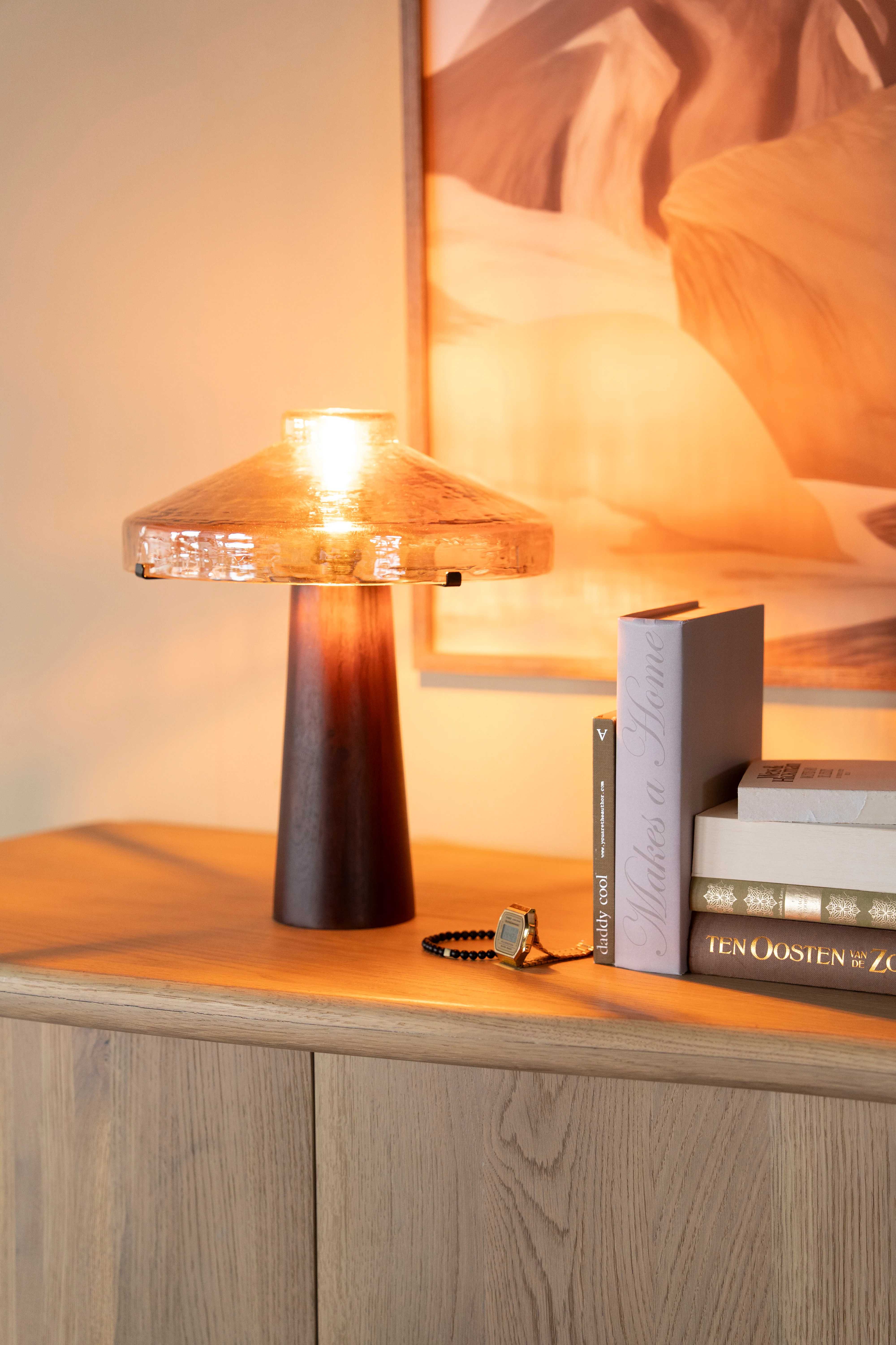 Lampa stołowa DOME drewniana podstawa ze szklanym kloszem - Image 2
