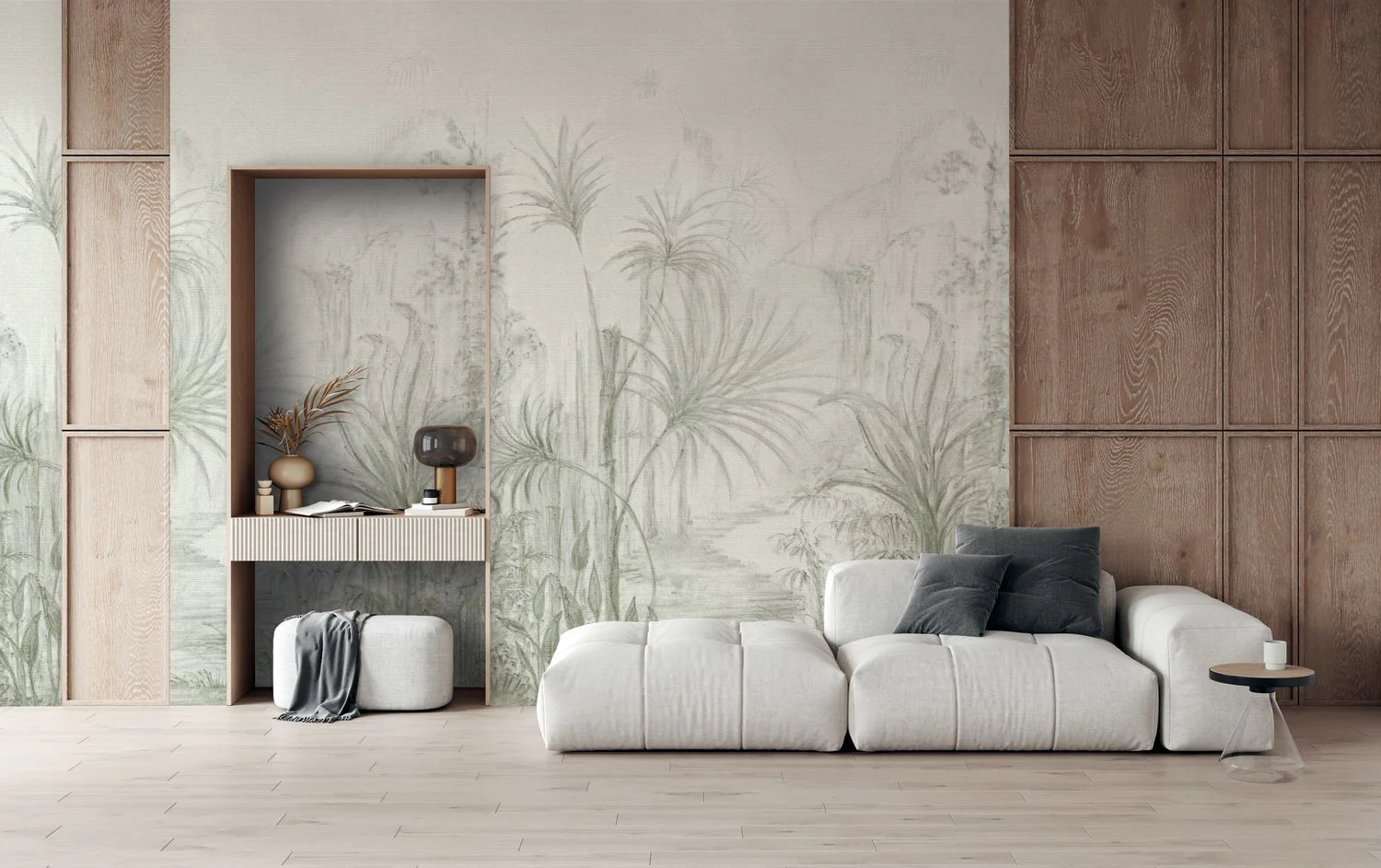 Mural imitujący len z roślinnym krajobrazem gaju palmowego ARILLE beżowy z zielonym - Image 2