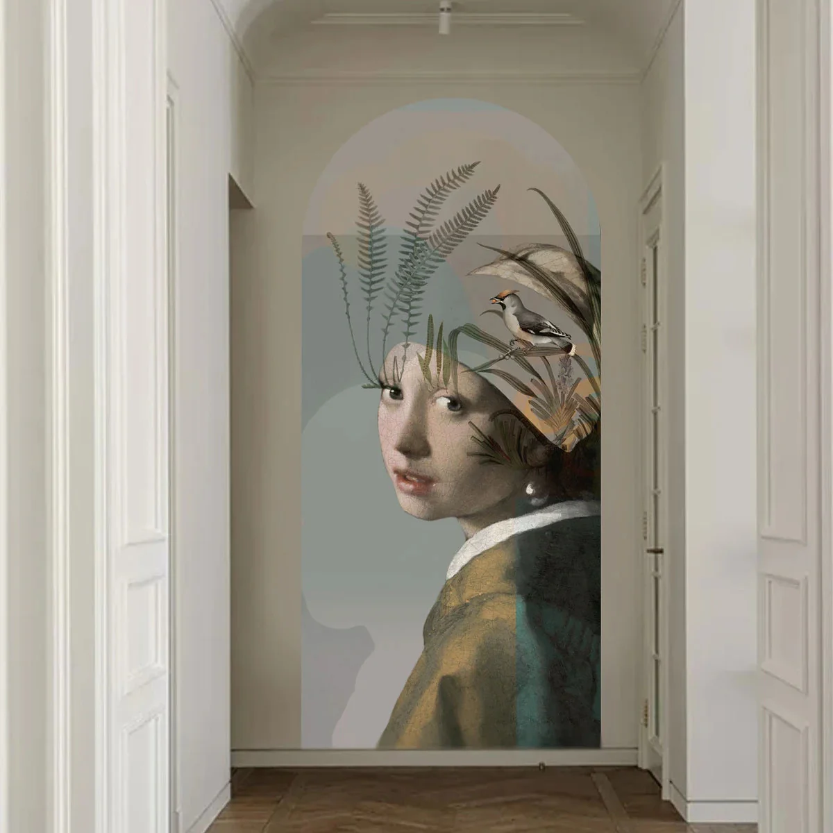 Mural flizelinowy w kształcie łuku NATURE GIRL WITH THE PEARL beżowy z zielonym
