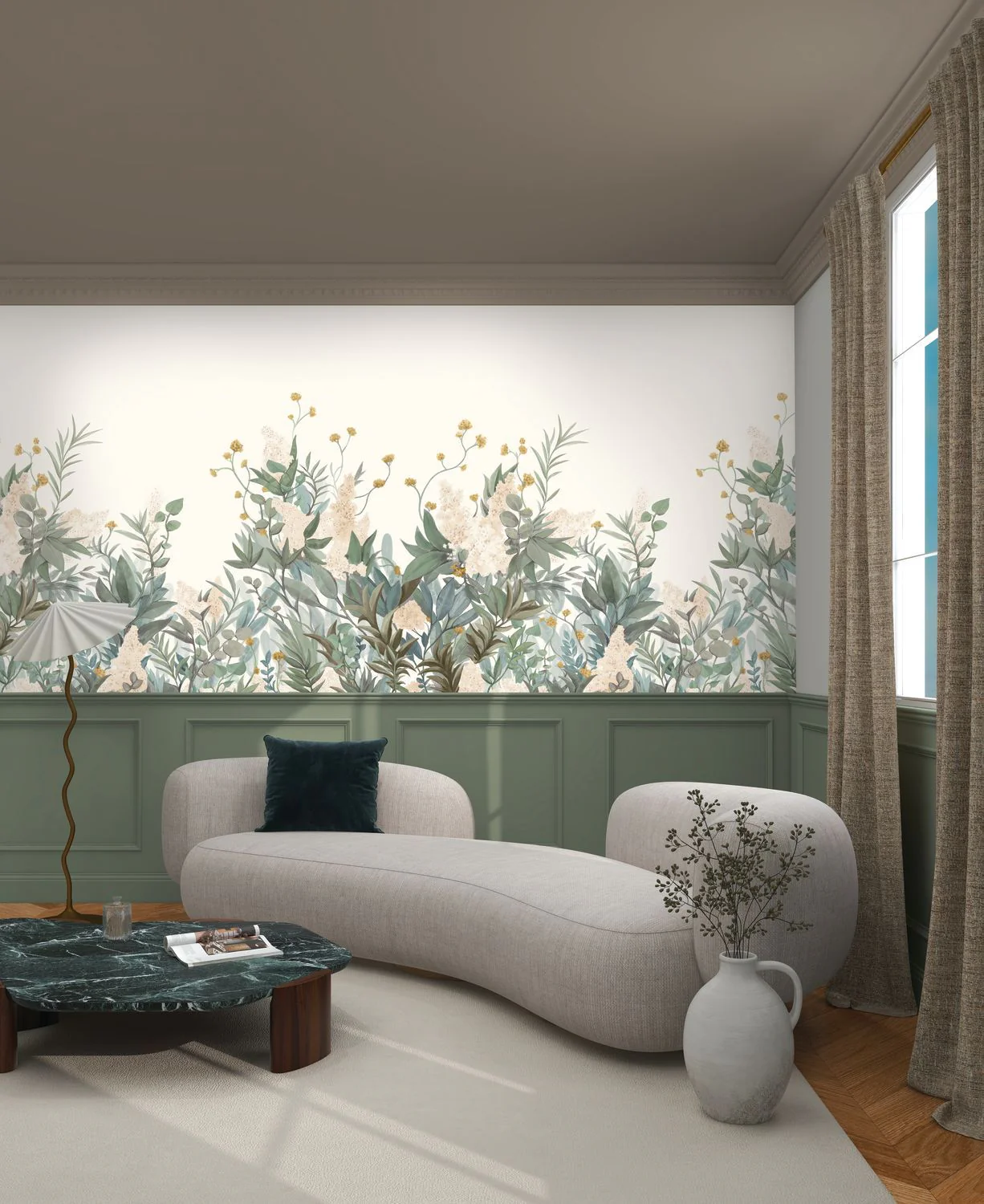 Mural z motywem roślinnym liści WISTERIA zielony z beżowym - Image 6