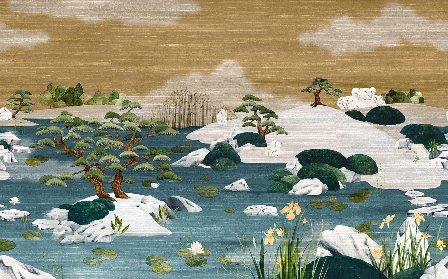 Mural tekstylny z japońskim krajobrazem ADACHI - MORDORÉ MARINE niebieski z brązem