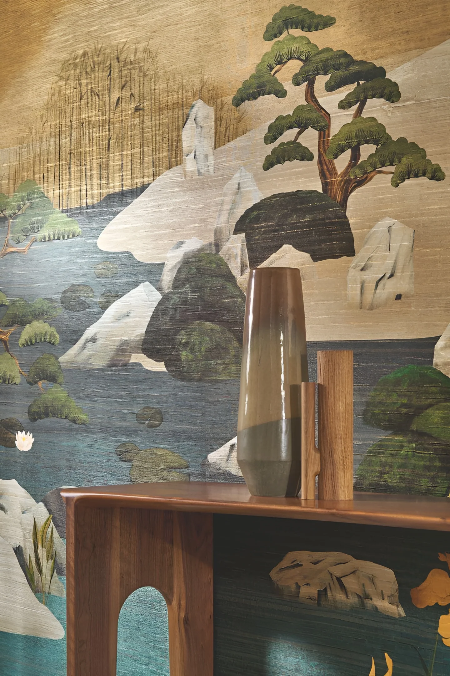 Mural tekstylny z japońskim krajobrazem ADACHI - MORDORÉ MARINE niebieski z brązem - Image 2