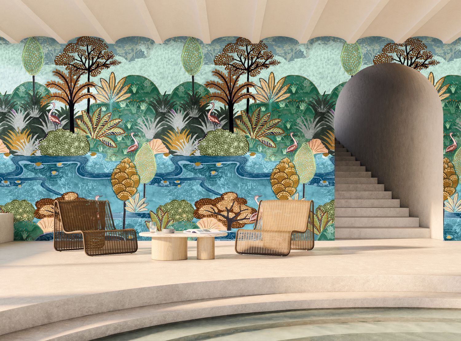 Mural z motywem roślinnym i zwierzęcym ptaków ARUBA - MULTICOULEURS zielony z niebieskim - Image 2
