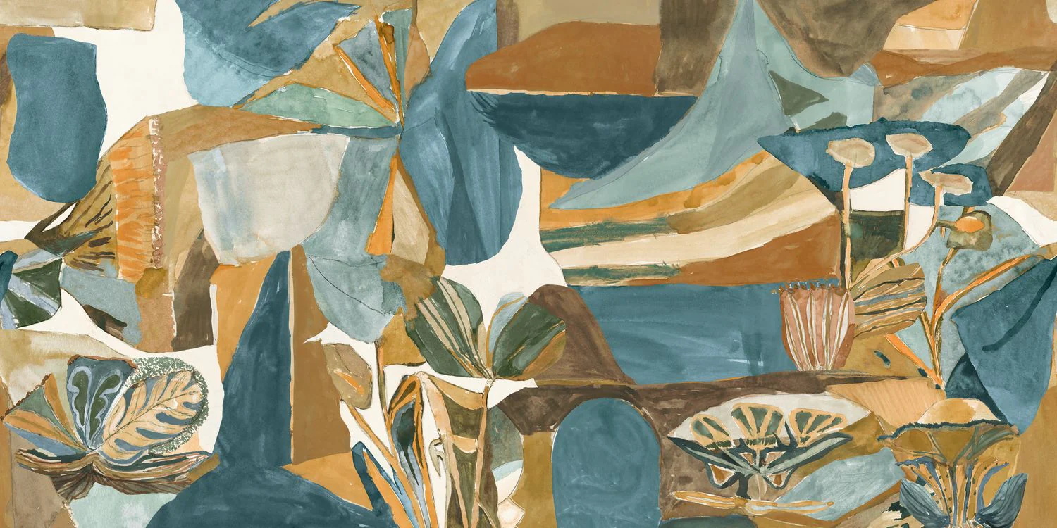 Mural tekstylny abstrakcyjny z motywem roślinnym JARDIN DANSÉ - BLEU PERSAN AMBRE niebieski ze złotym