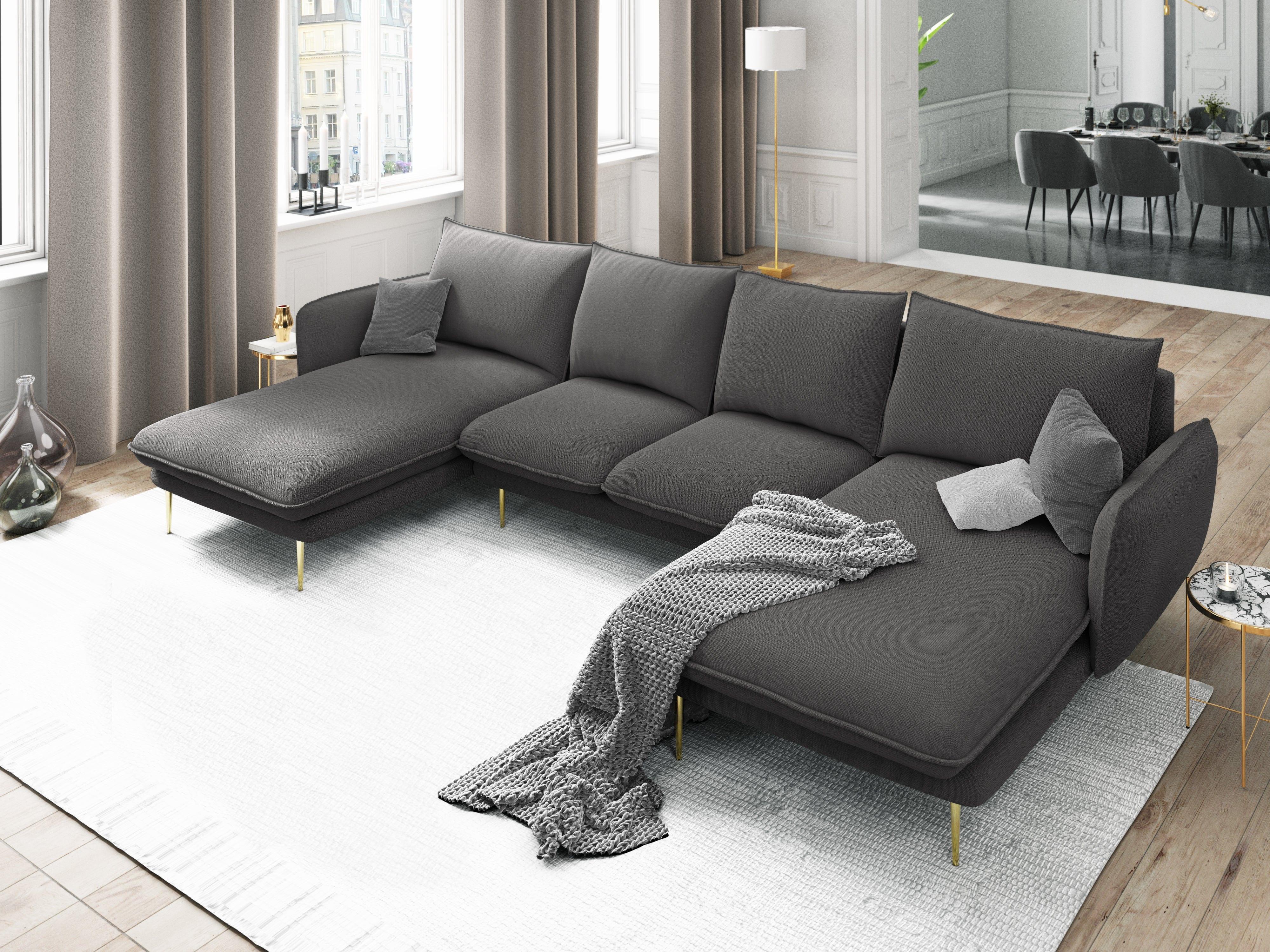 Sofa panoramiczna 6-osobowa VIENNA ciemnoszary szenil ze złotą podstawą - Image 8