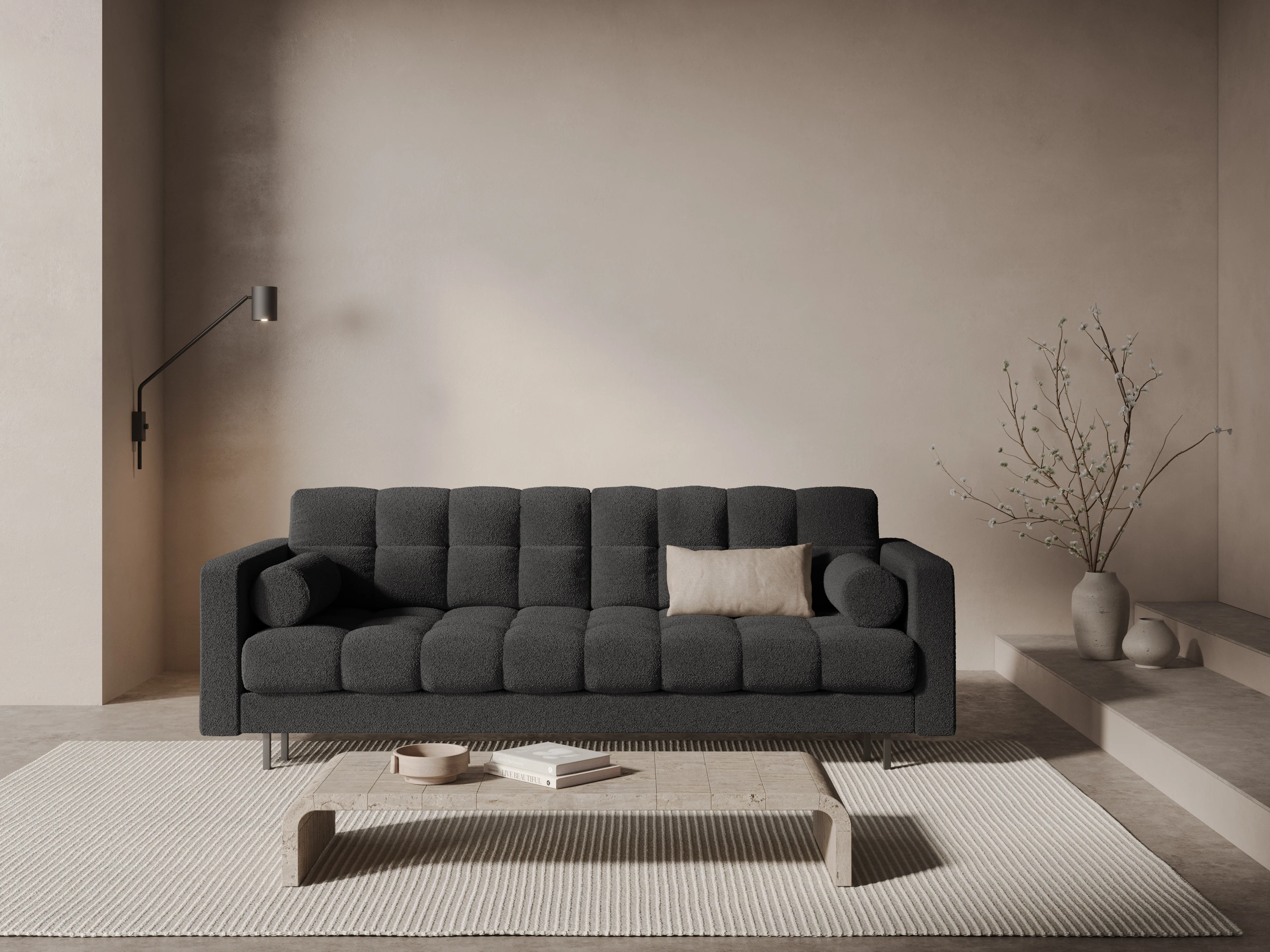 Sofa 3-osobowa z funkcją spania BALI ciemnoszary bouclé z czarną podstawą - Image 2