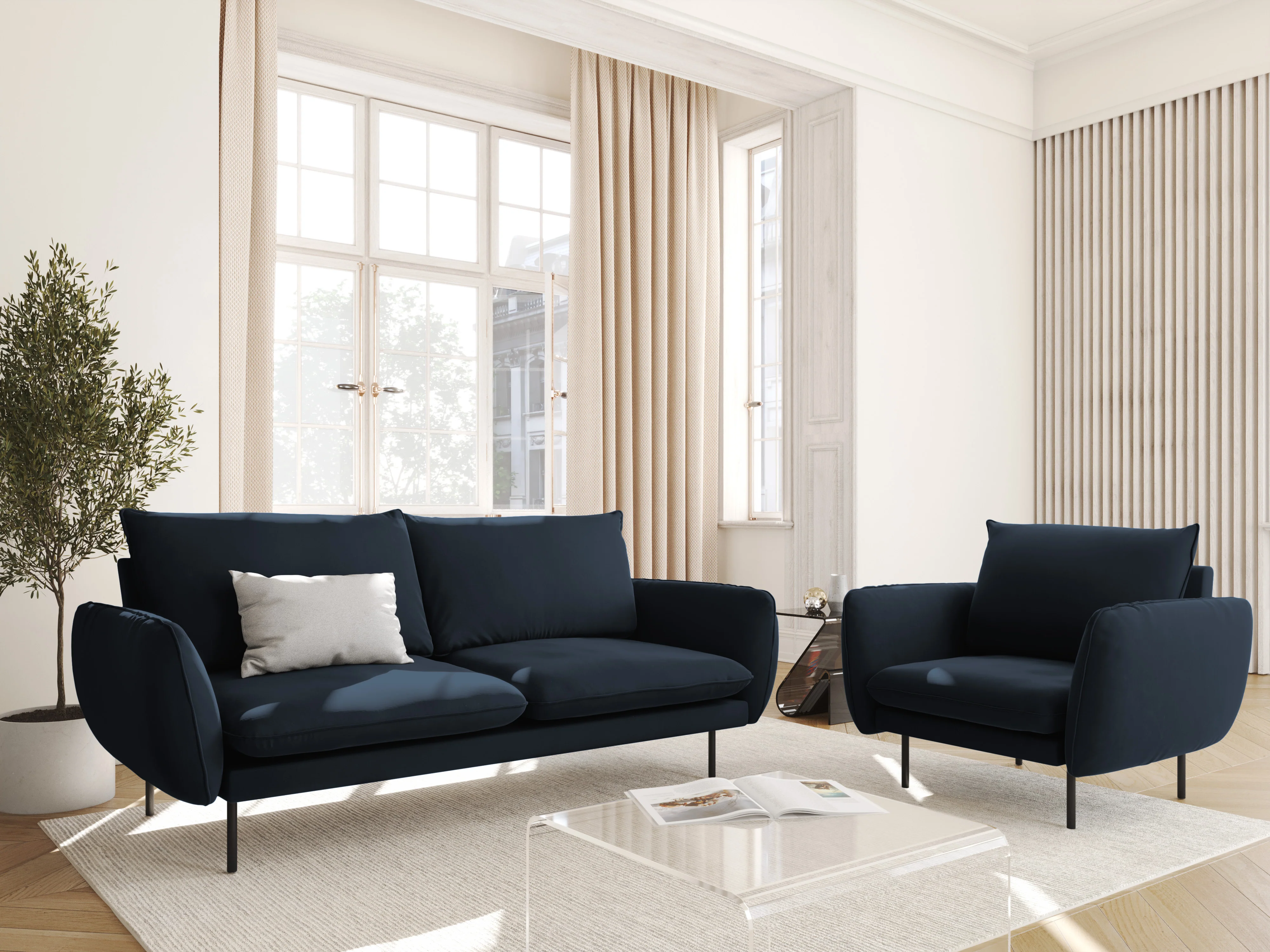 Sofa aksamitna 2-osobowa VIENNA ciemnoniebieski z czarną podstawą - Image 2