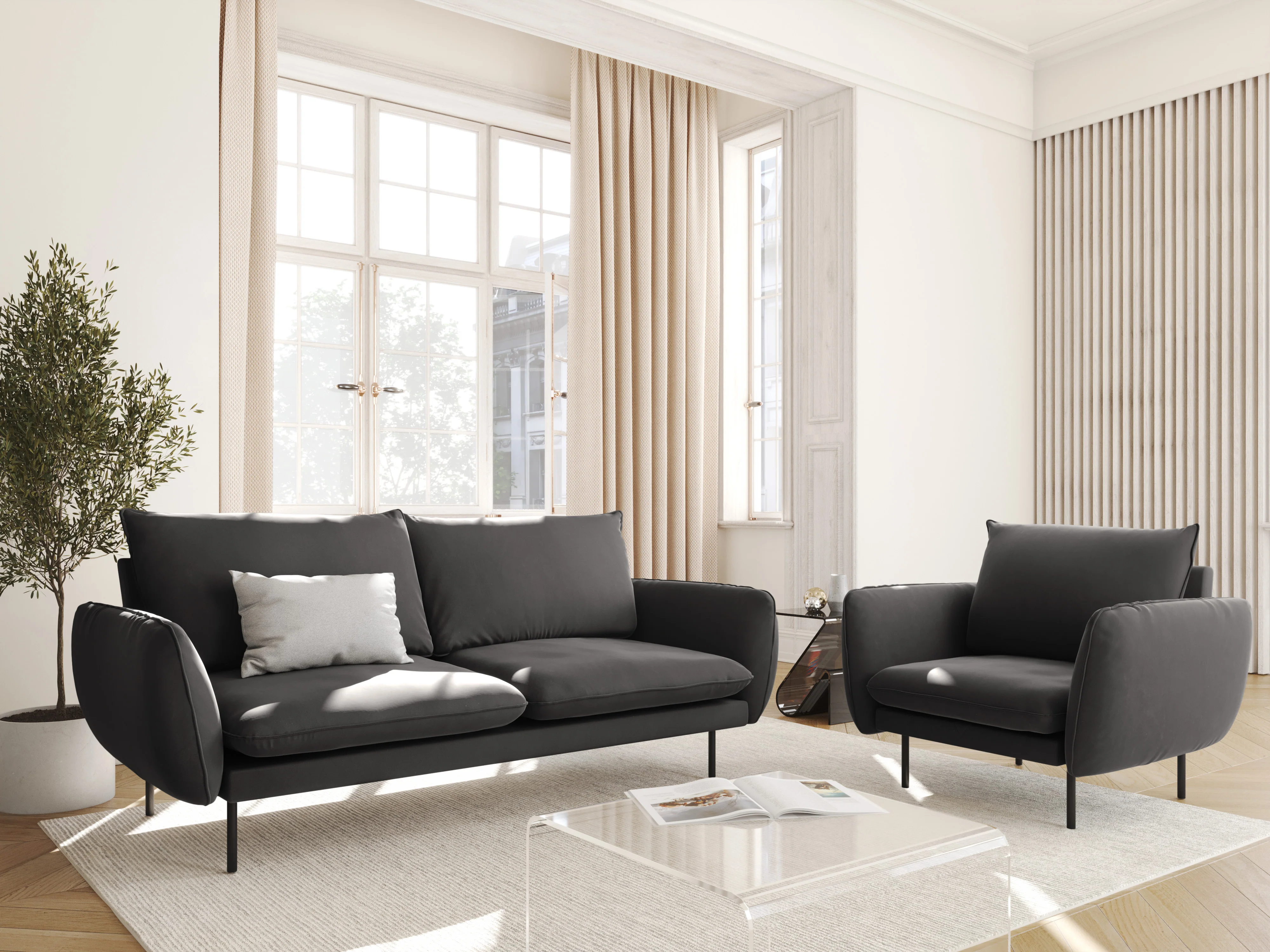 Sofa aksamitna 2-osobowa VIENNA ciemnoszary z czarną podstawą - Image 2