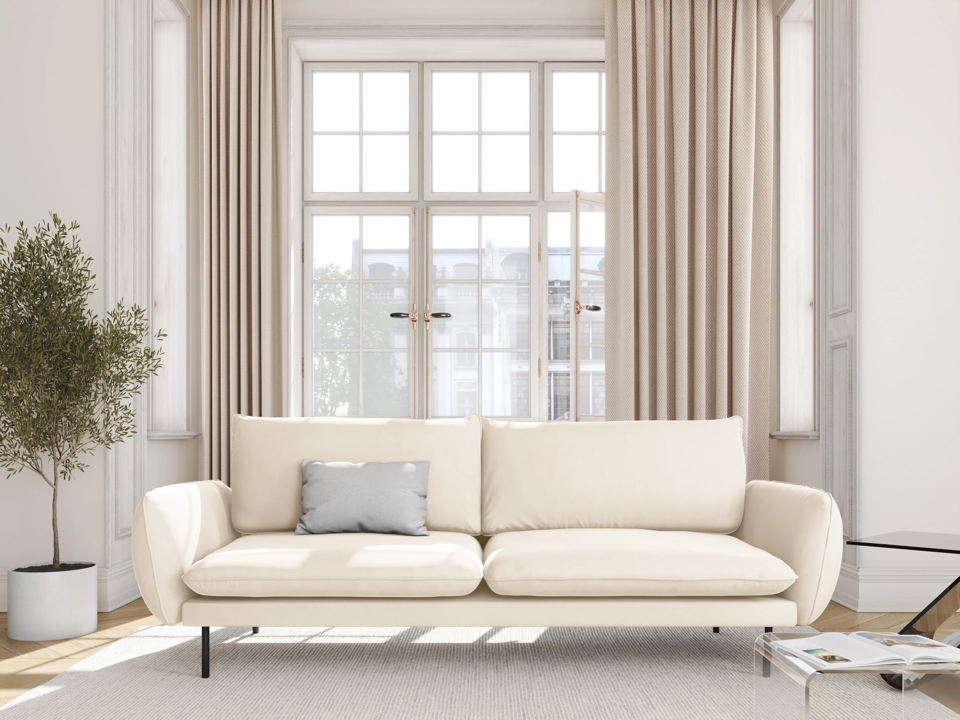 Sofa aksamitna 3-osobowa VIENNA beżowy z czarną podstawą - Image 2