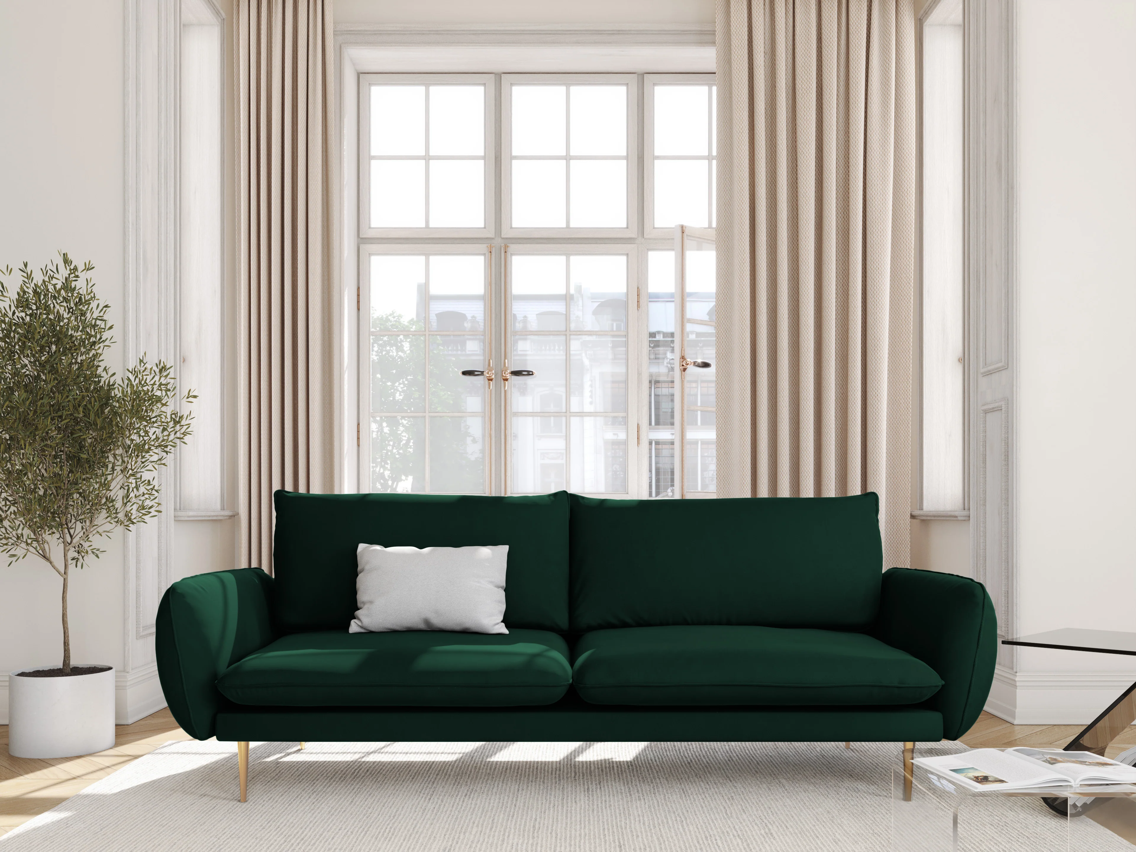 Sofa aksamitna 3-osobowa VIENNA butelkowa zieleń ze złotą podstawą - Image 2