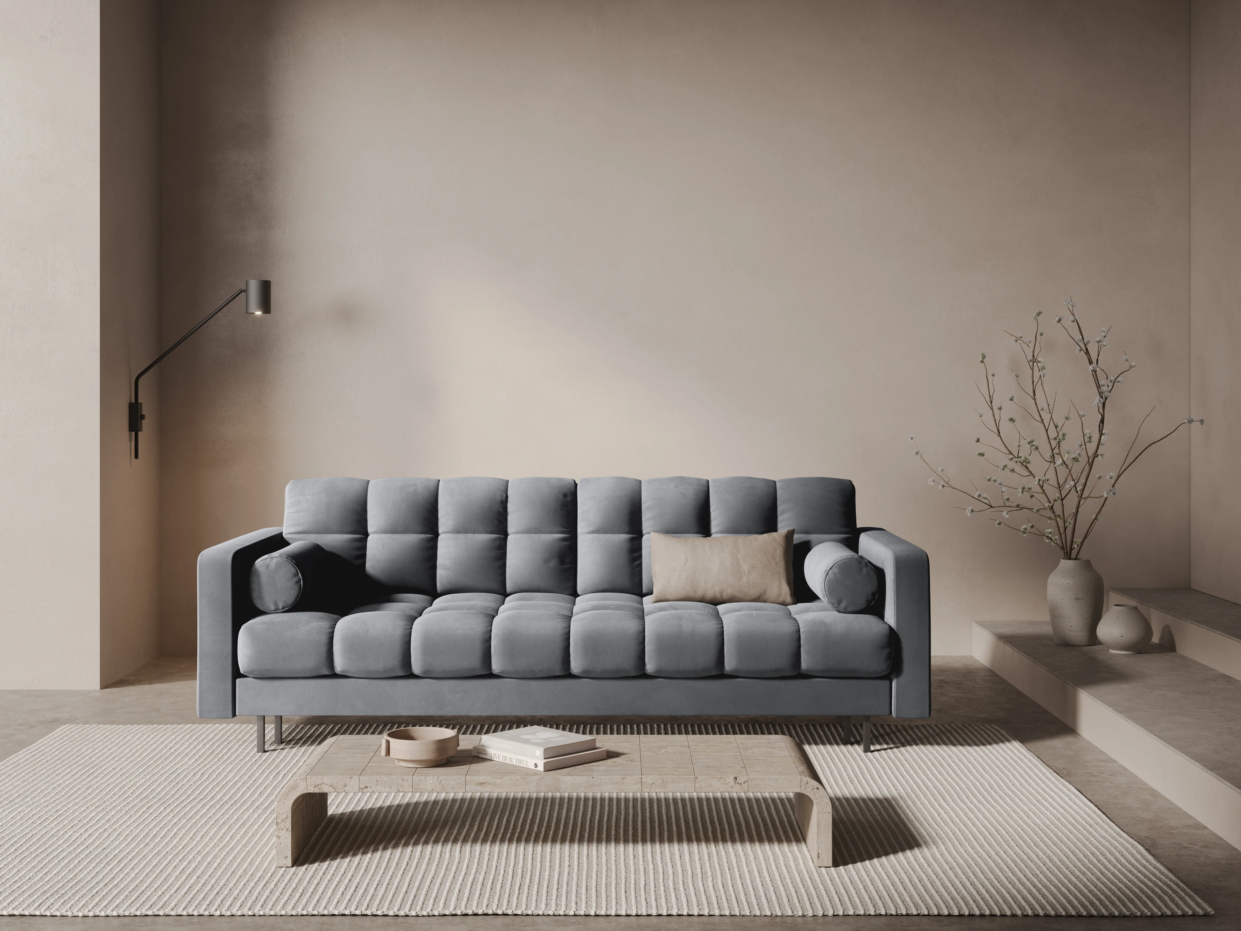 Sofa aksamitna 3-osobowa z funkcją spania BALI jasnoszary z czarną podstawą - Image 2