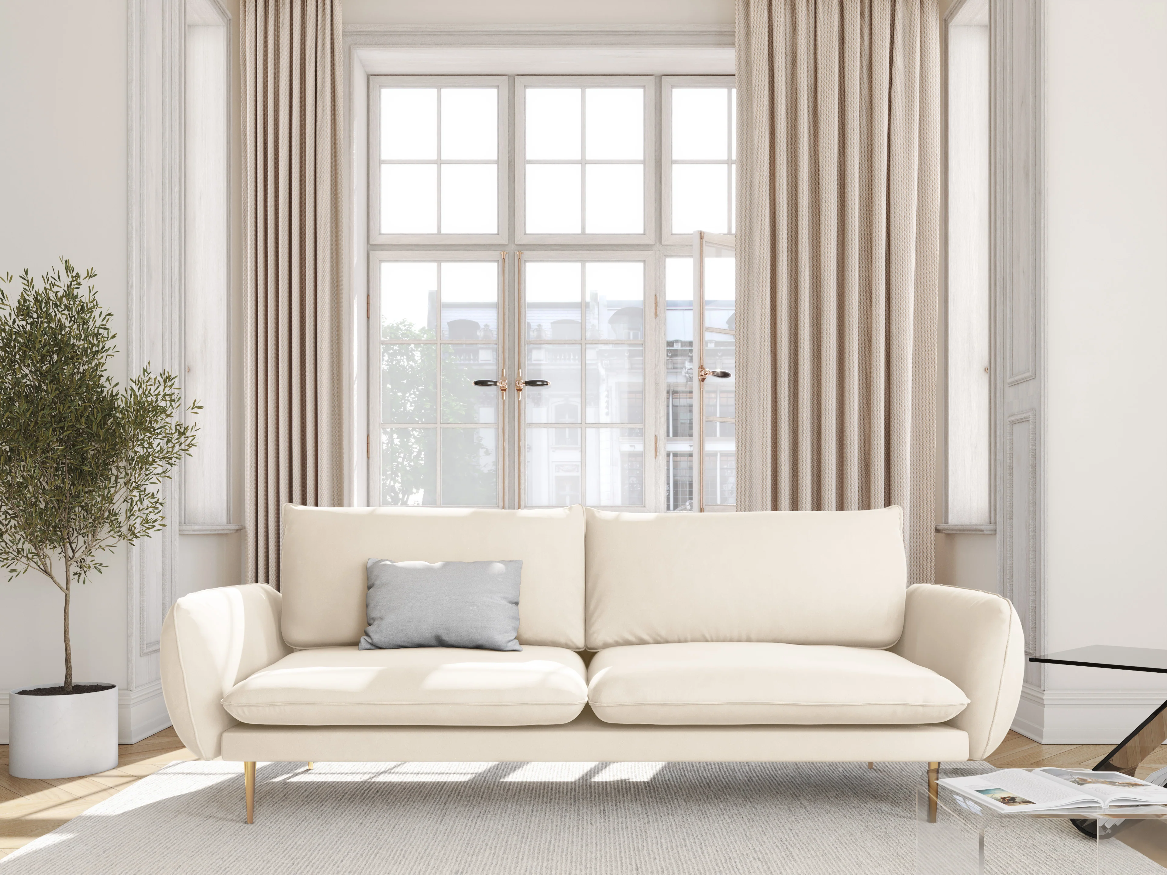 Sofa aksamitna 4-osobowa VIENNA beżowy ze złotą podstawą - Image 2