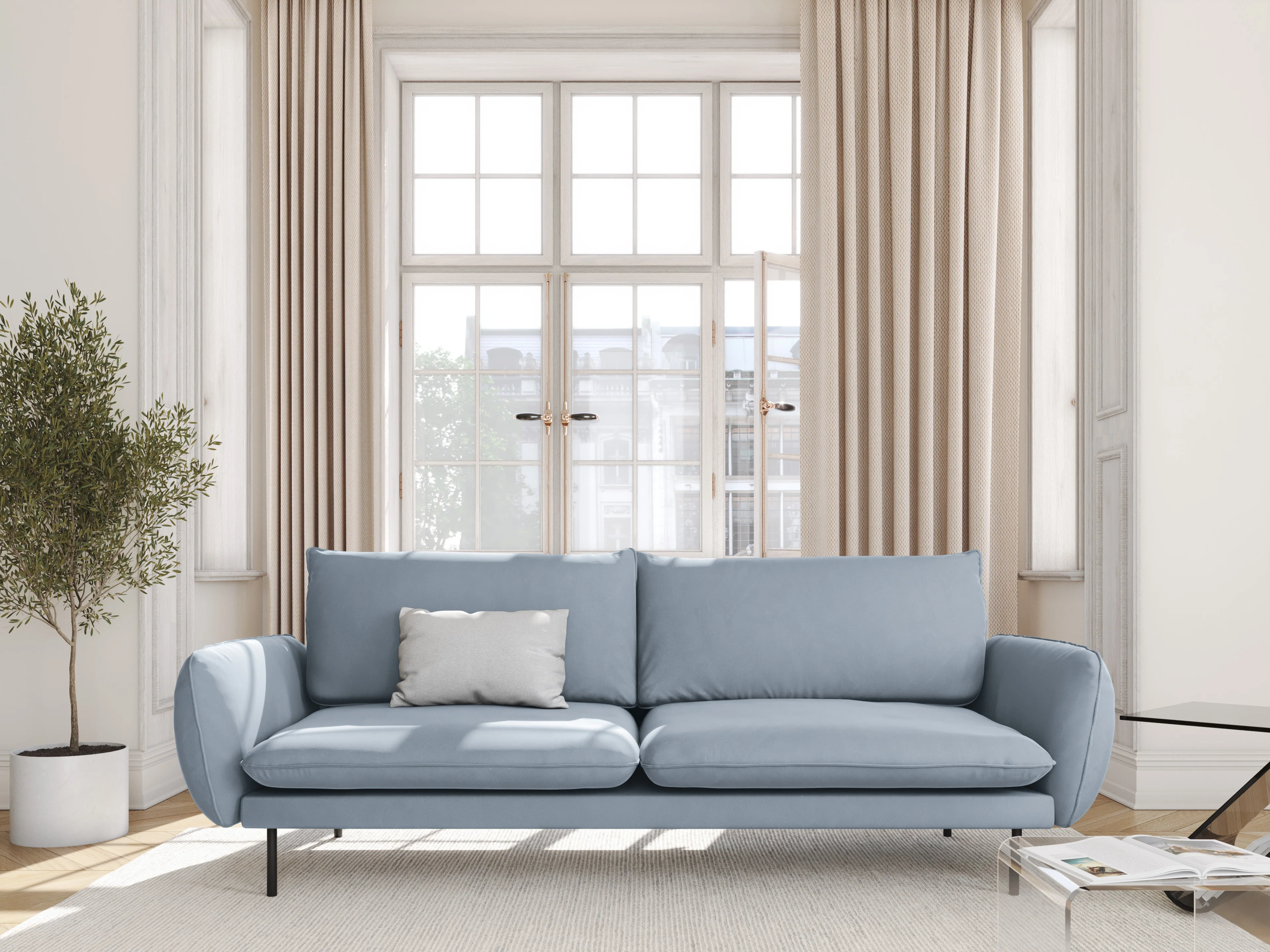 Sofa aksamitna 4-osobowa VIENNA jasnoniebieski z czarną podstawą - Image 2