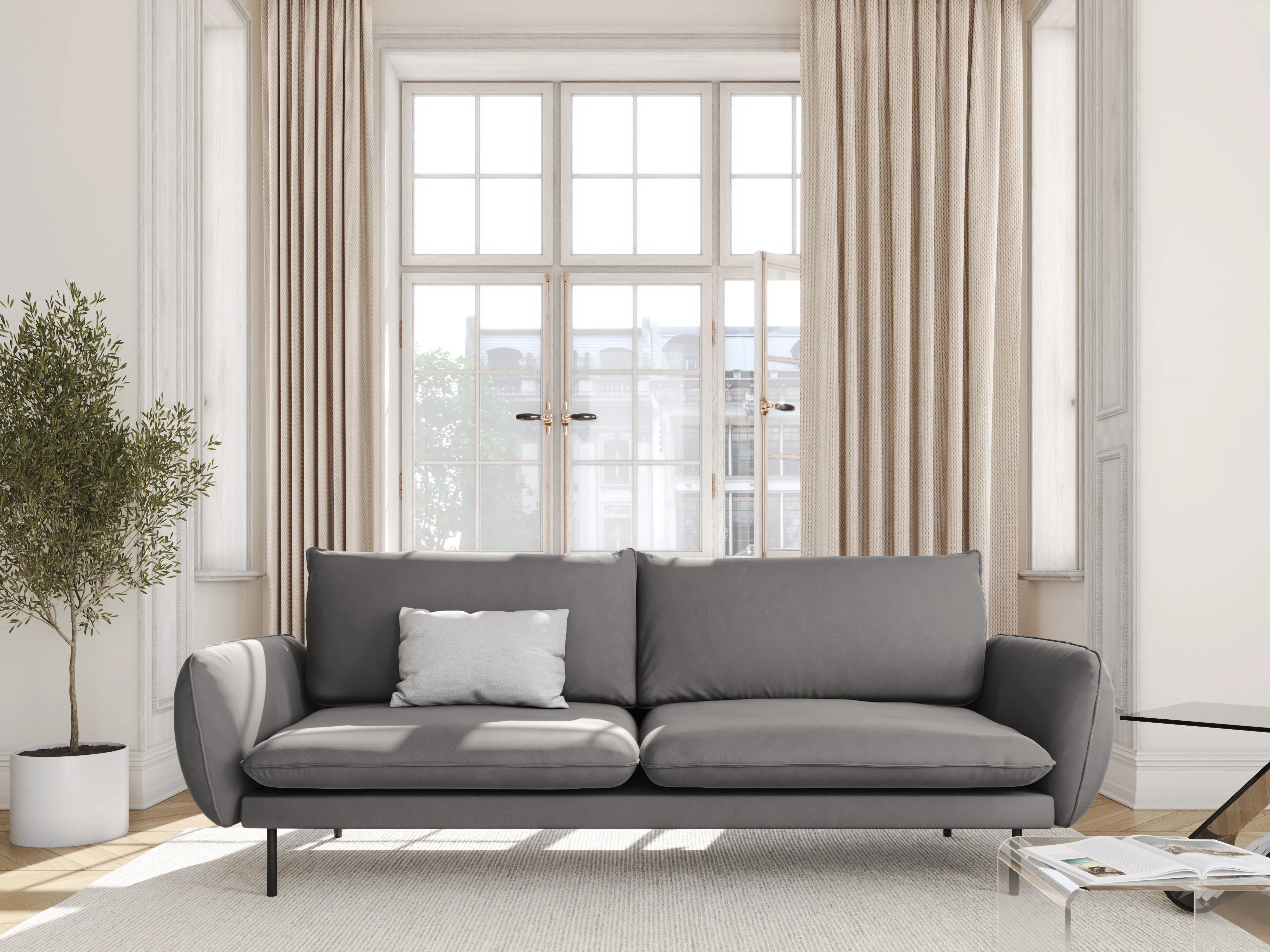 Sofa aksamitna 4-osobowa VIENNA jasnoszary z czarną podstawą - Image 2