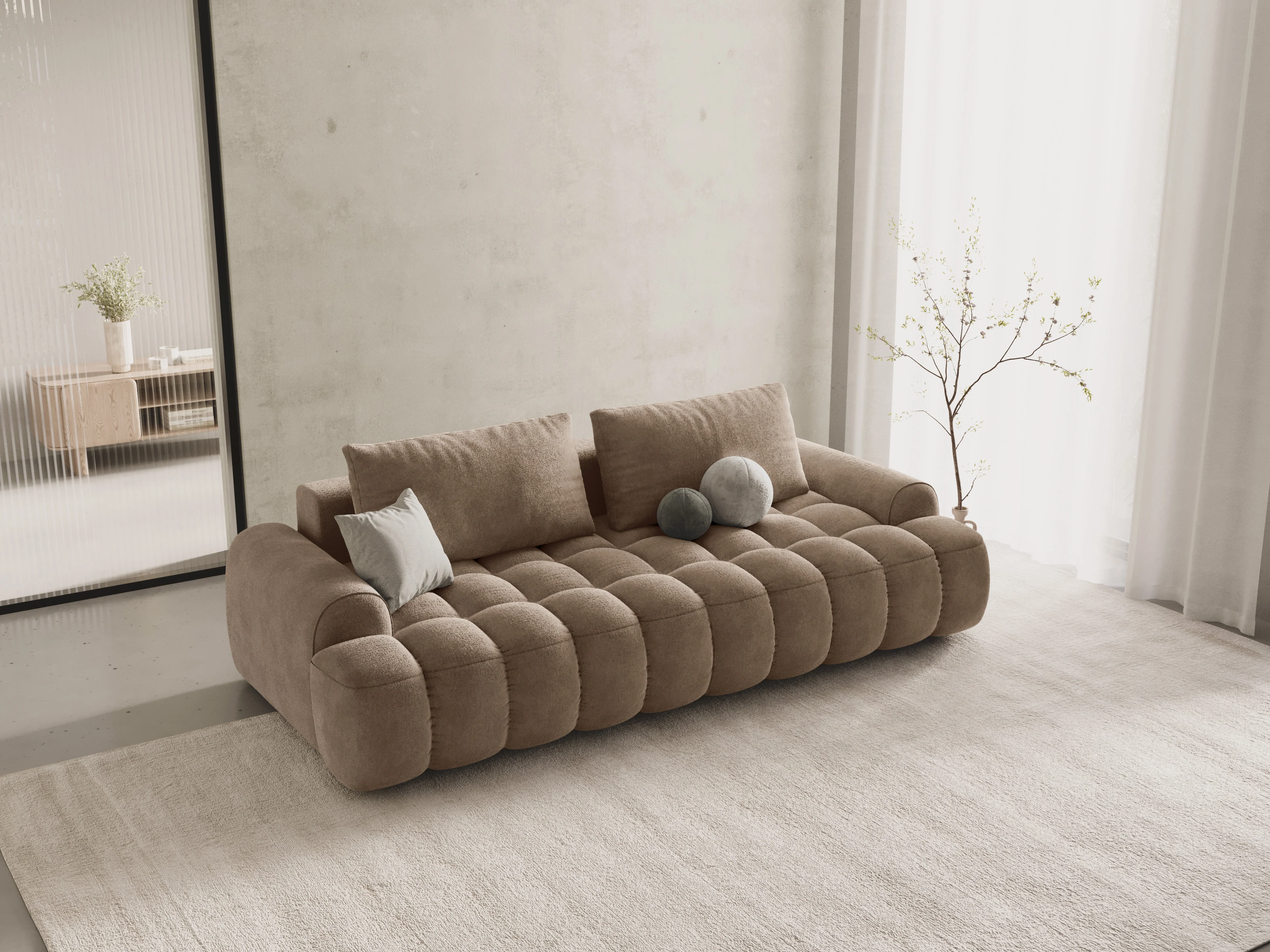 Sofa aksamitna z funkcją spania 4-osobowa LINZ ciemnobeżowy - Image 2