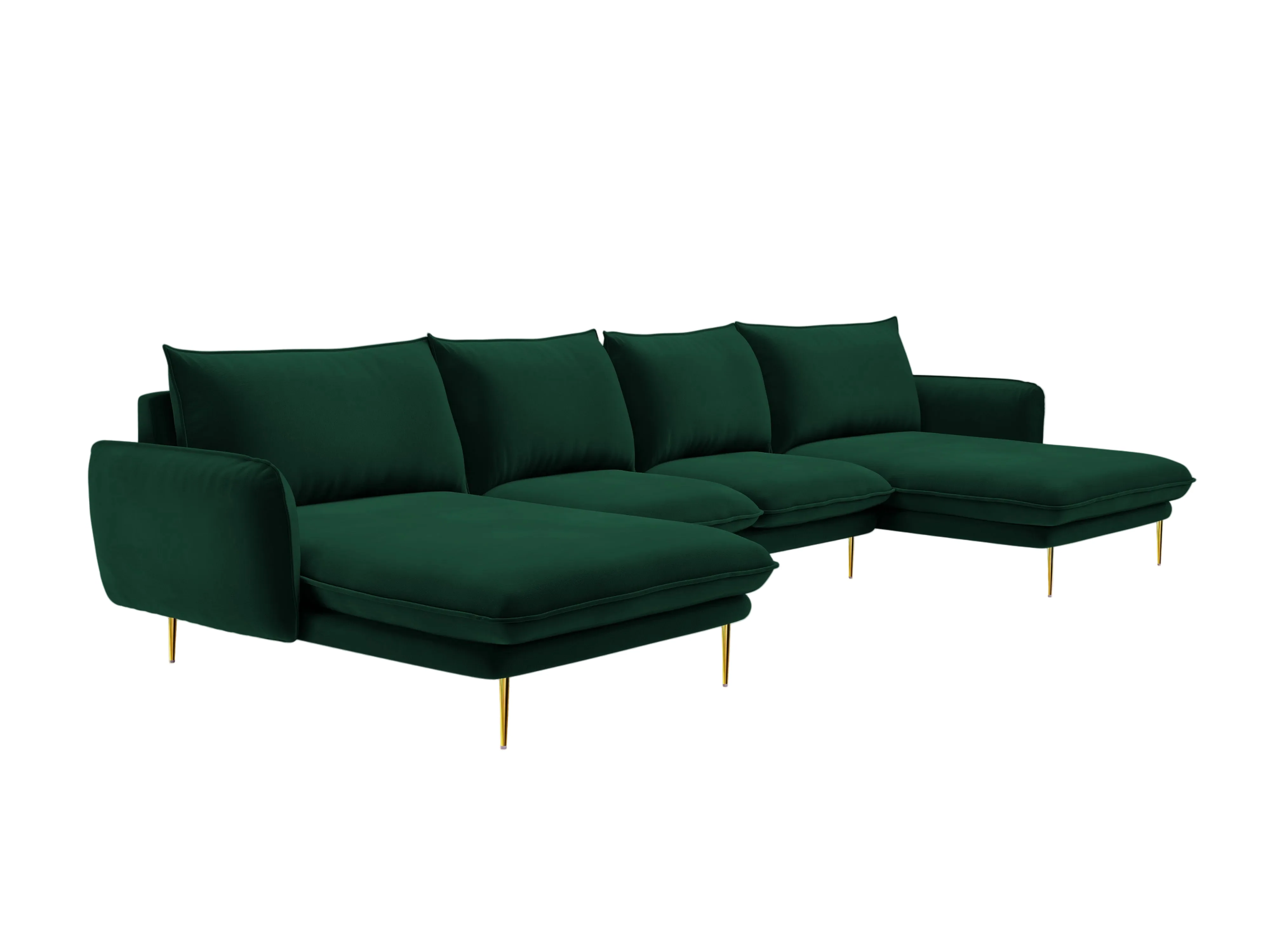 Sofa panoramiczna aksamitna 6-osobowa VIENNA butelkowa zieleń ze złotą podstawą