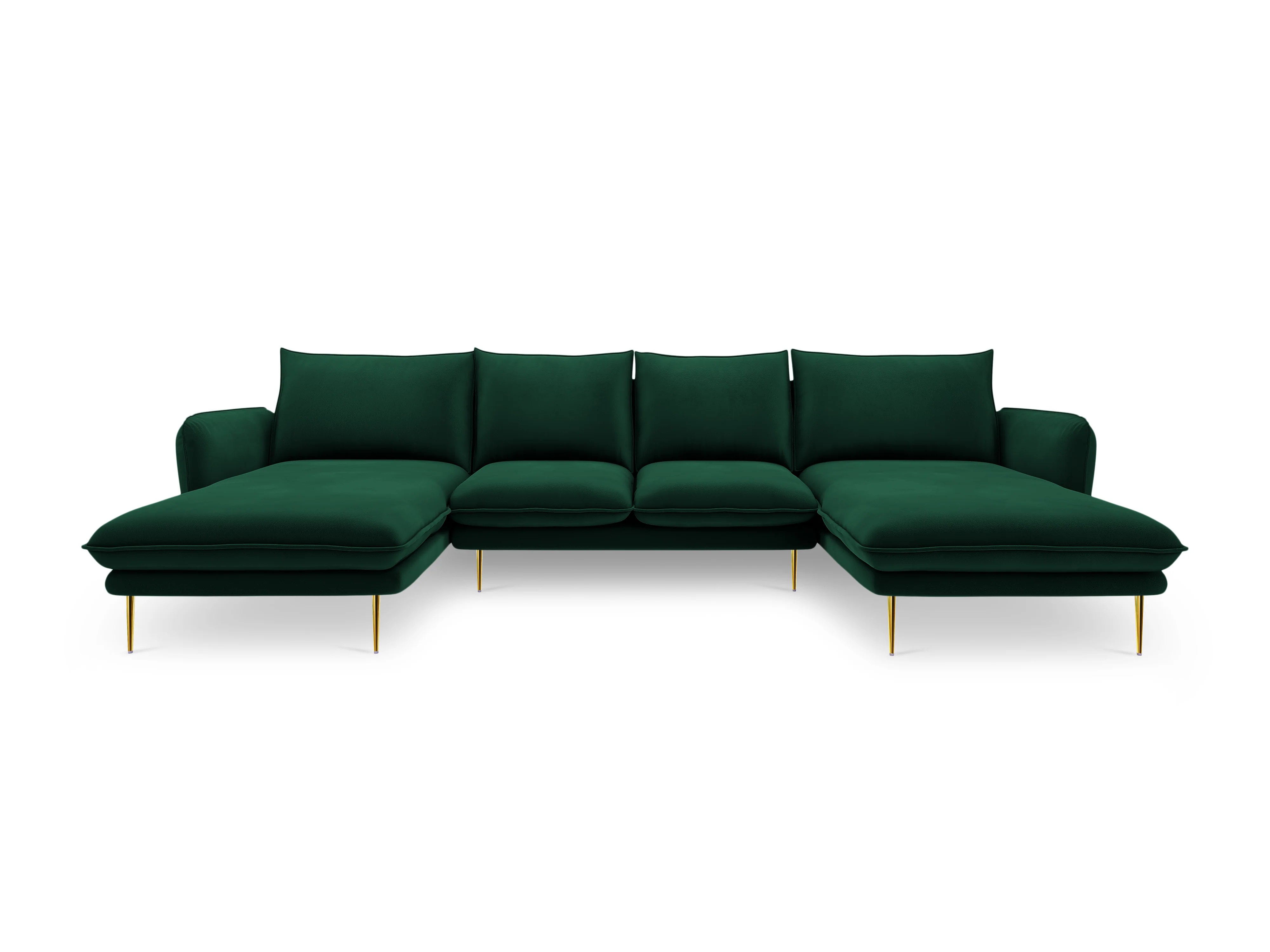 Sofa panoramiczna aksamitna 6-osobowa VIENNA butelkowa zieleń ze złotą podstawą - Image 4