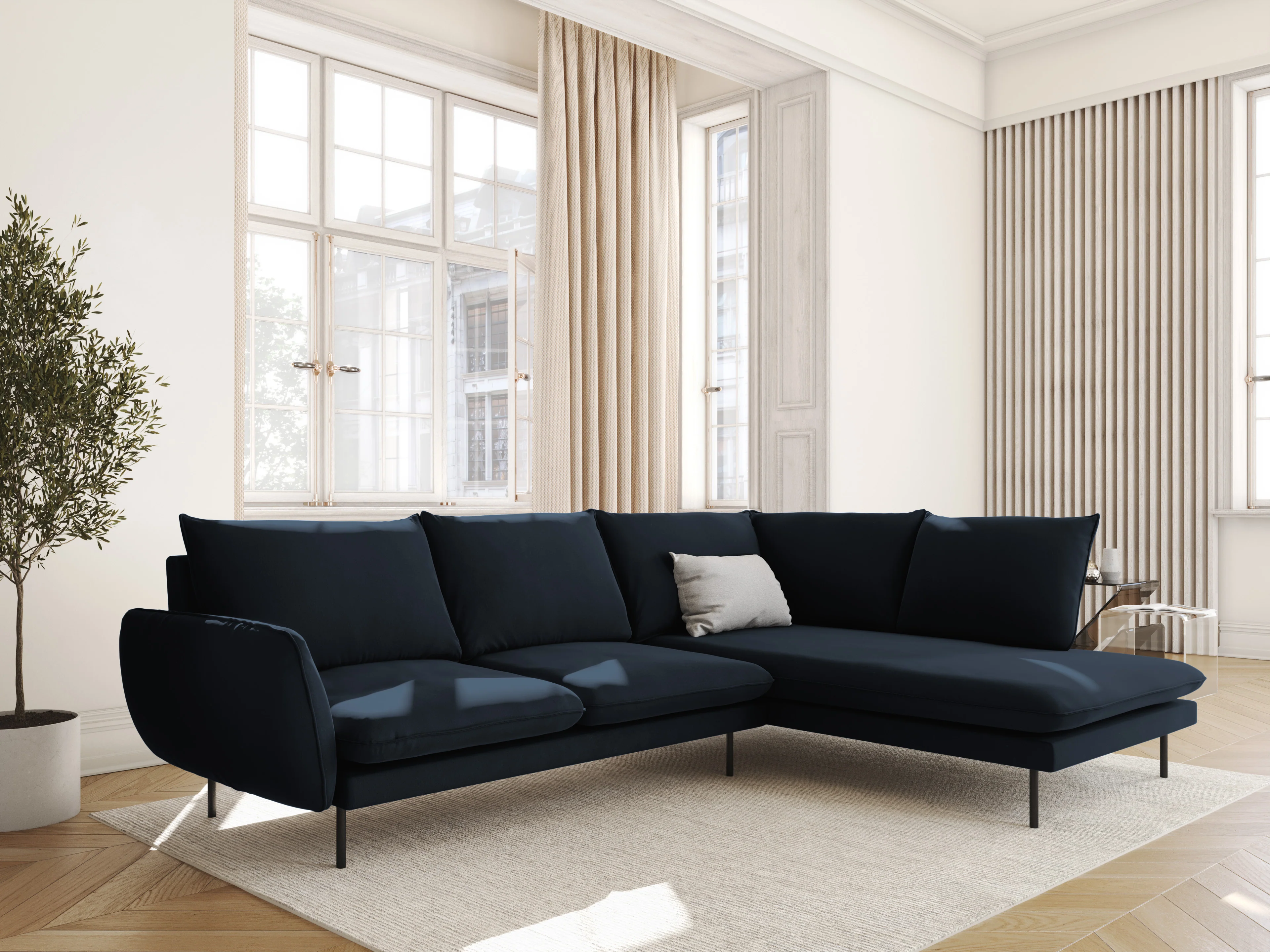 Sofa panoramiczna aksamitna 6-osobowa VIENNA ciemnoniebieski z czarną podstawą - Image 2
