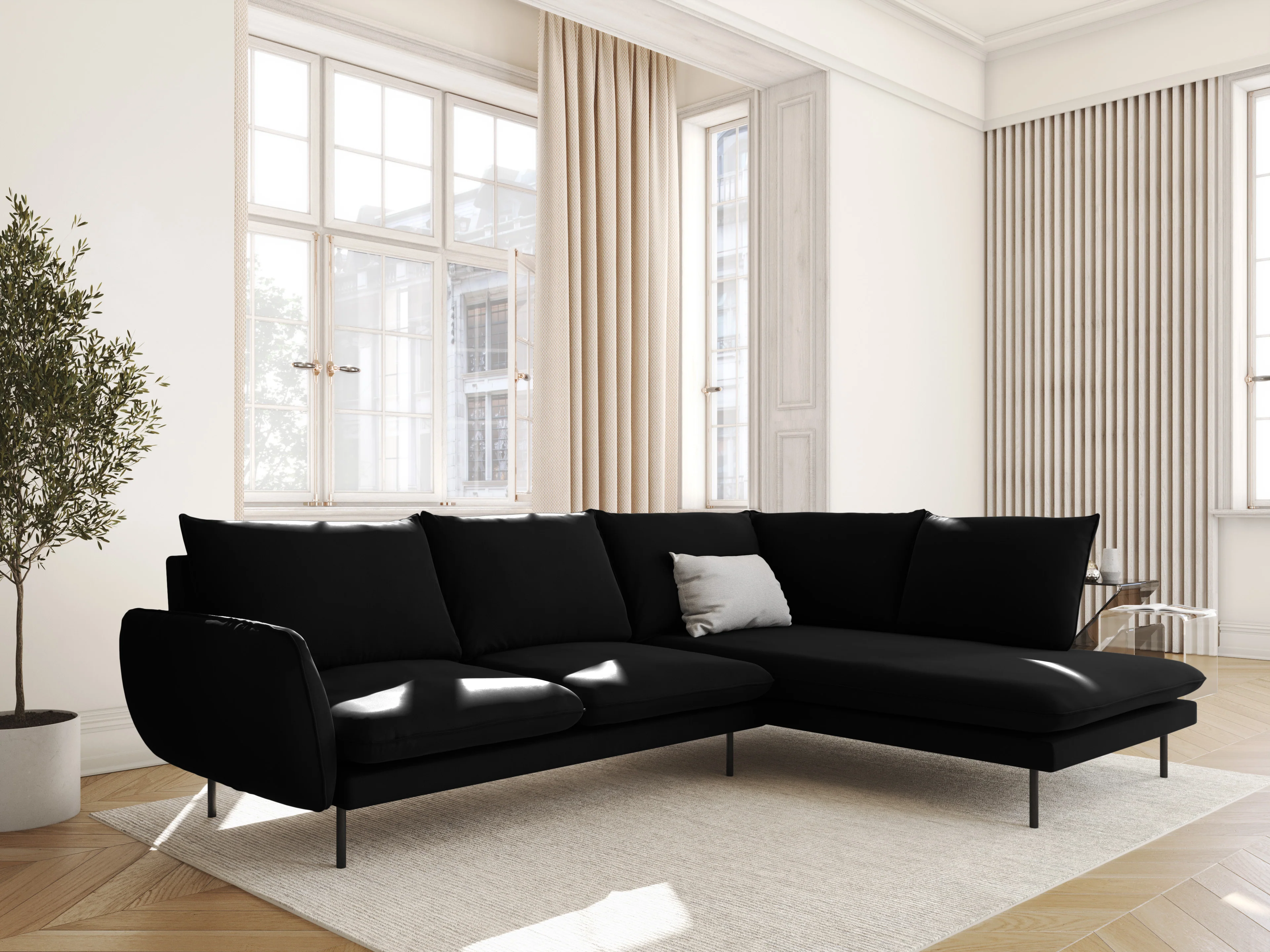Sofa panoramiczna aksamitna 6-osobowa VIENNA czarny z czarną podstawą - Image 2