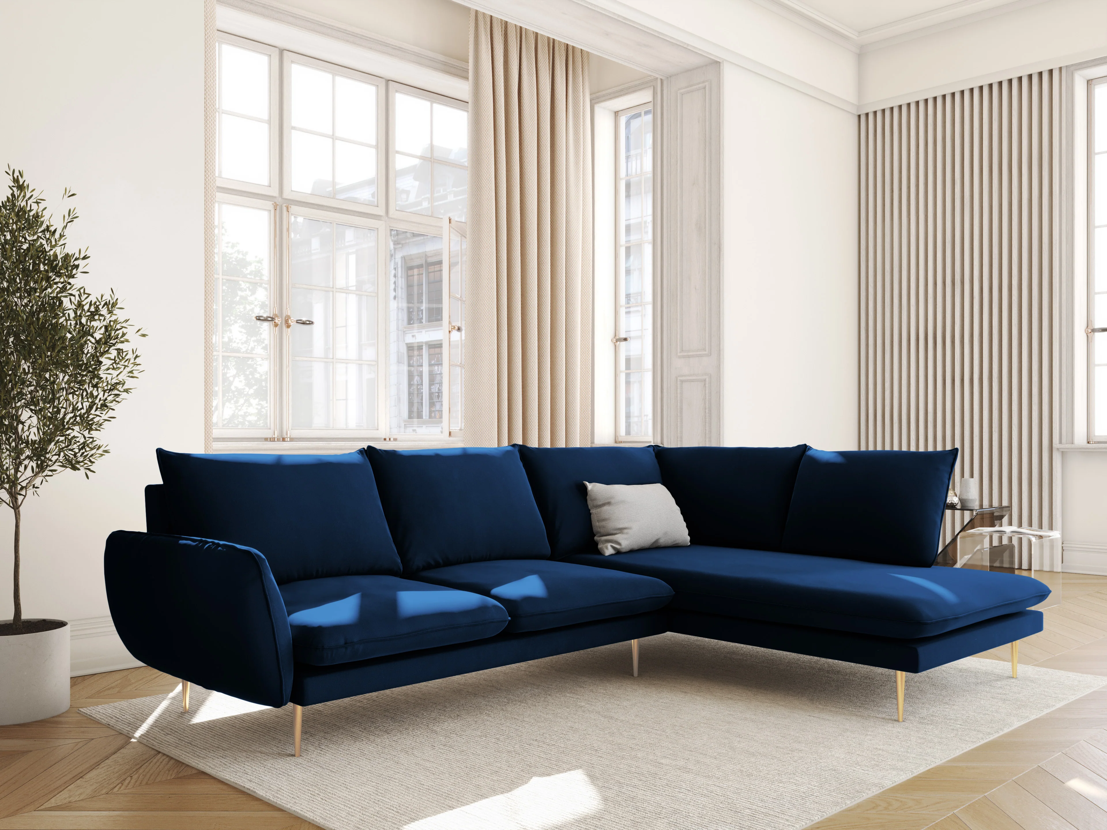 Sofa panoramiczna aksamitna 6-osobowa VIENNA granat królewski ze złotą podstawą - Image 2