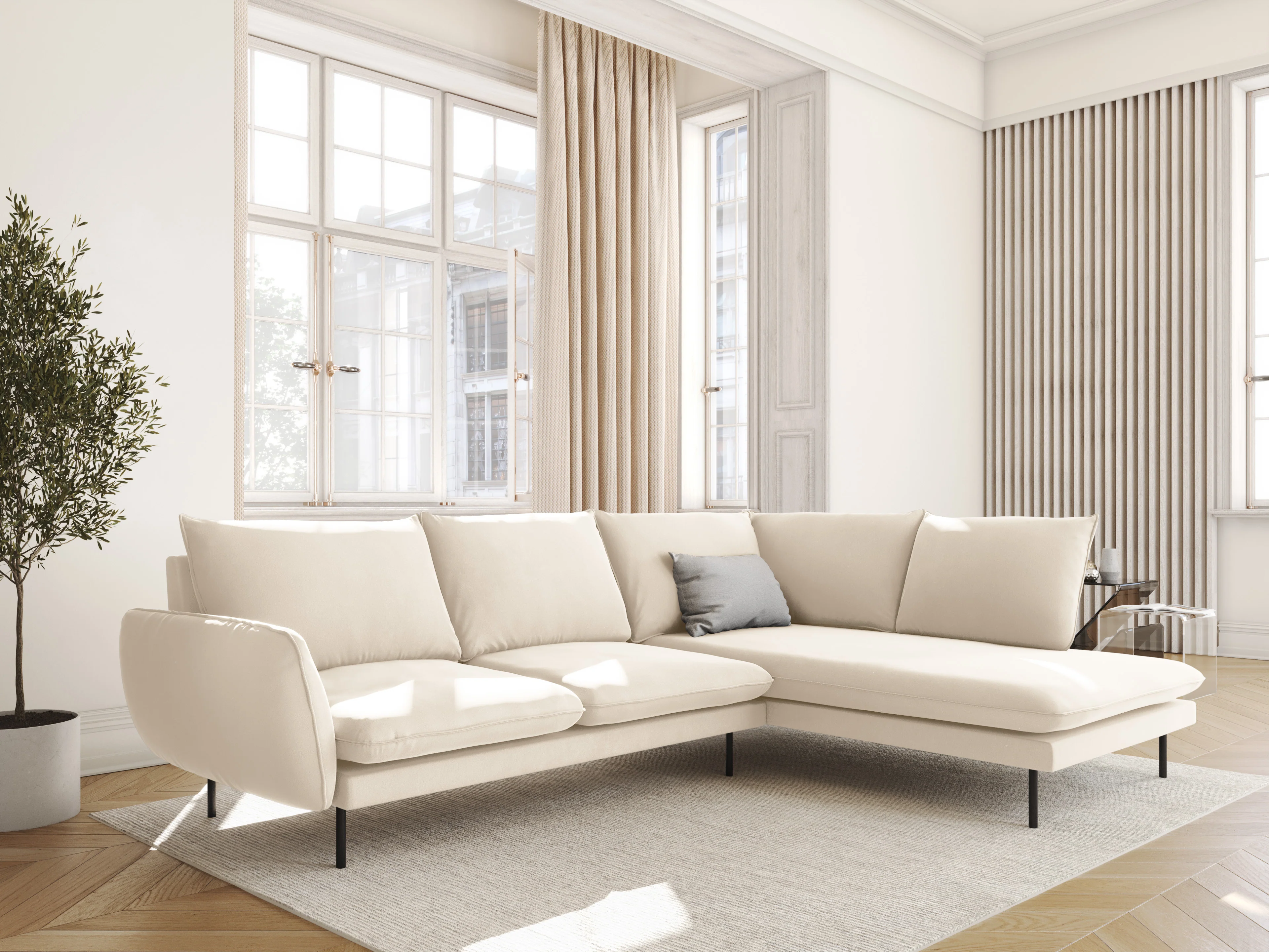 Sofa panoramiczna aksamitna 6-osobowa VIENNA jasnobeżowy z czarną podstawą - Image 2