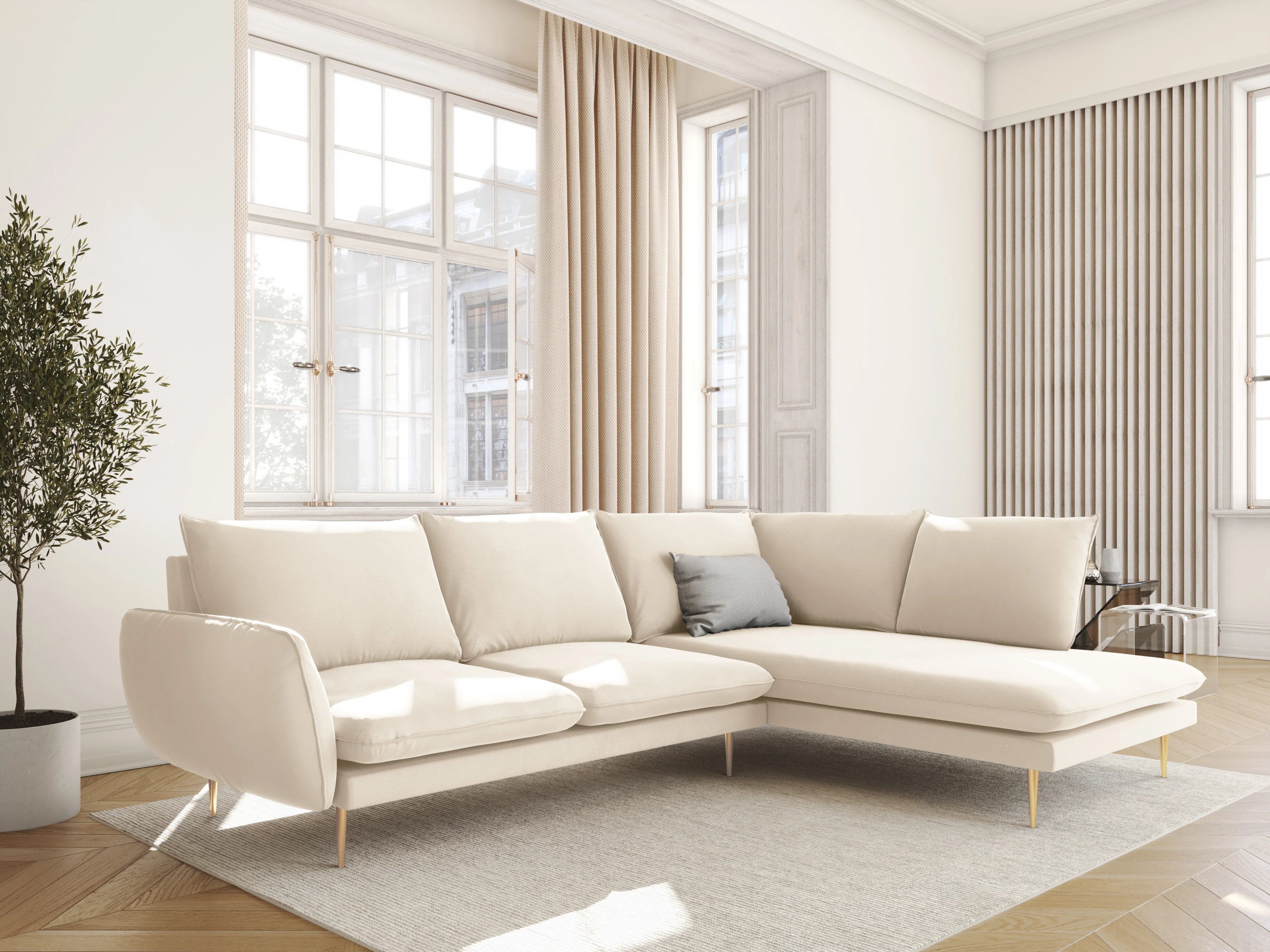 Sofa panoramiczna aksamitna 6-osobowa VIENNA jasnobeżowy ze złotą podstawą - Image 2
