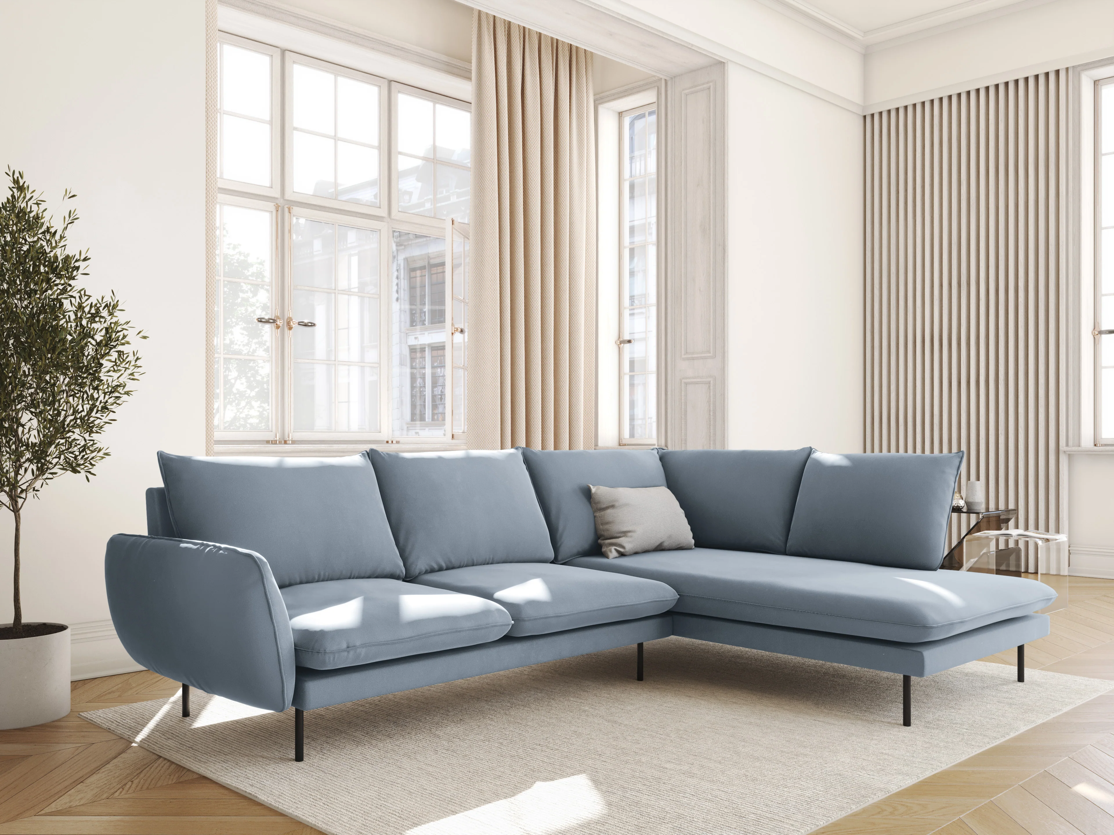 Sofa panoramiczna aksamitna 6-osobowa VIENNA jasnoniebieski z czarną podstawą - Image 2