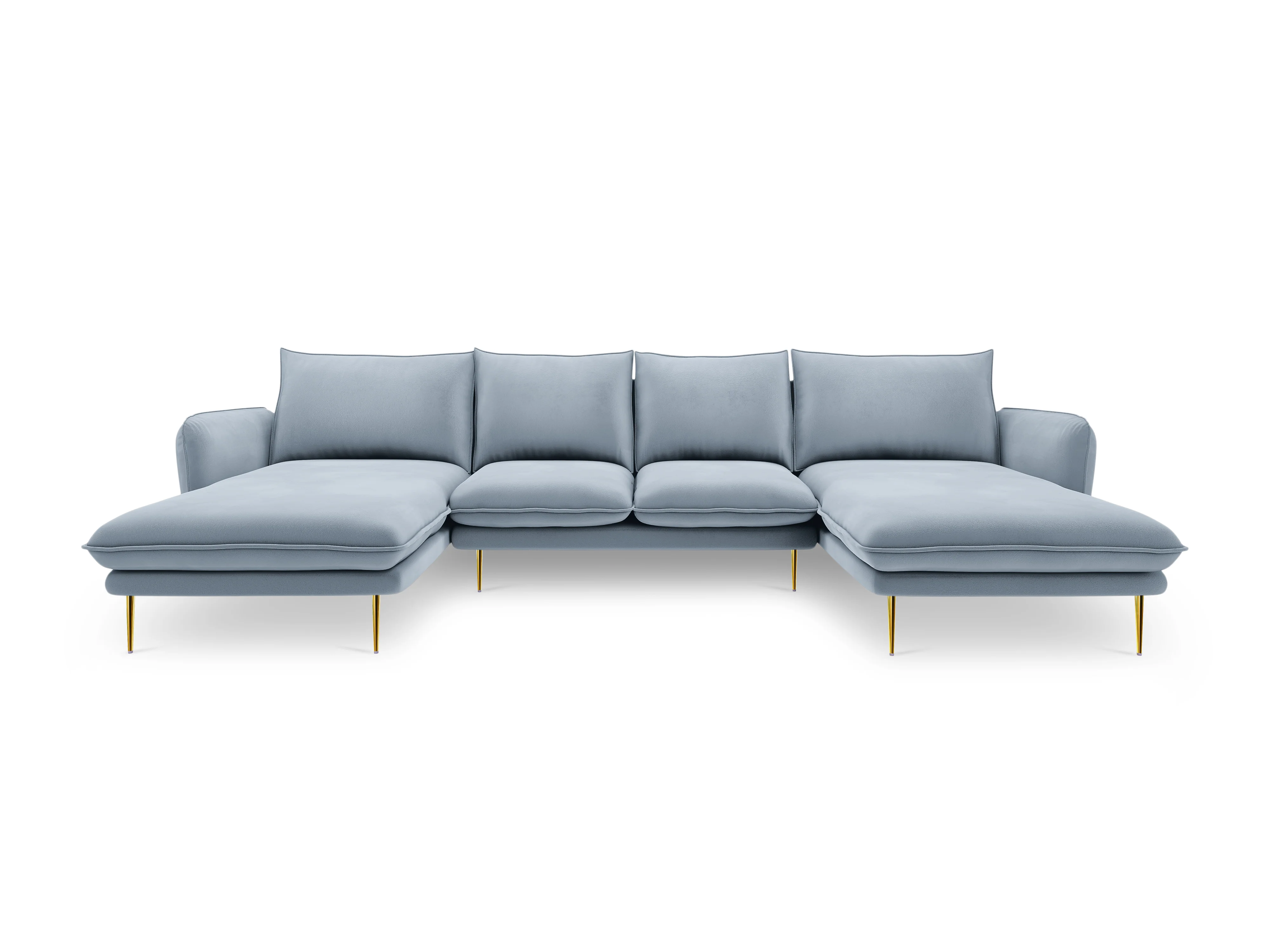 Sofa panoramiczna aksamitna 6-osobowa VIENNA jasnoniebieski ze złotą podstawą - Image 4