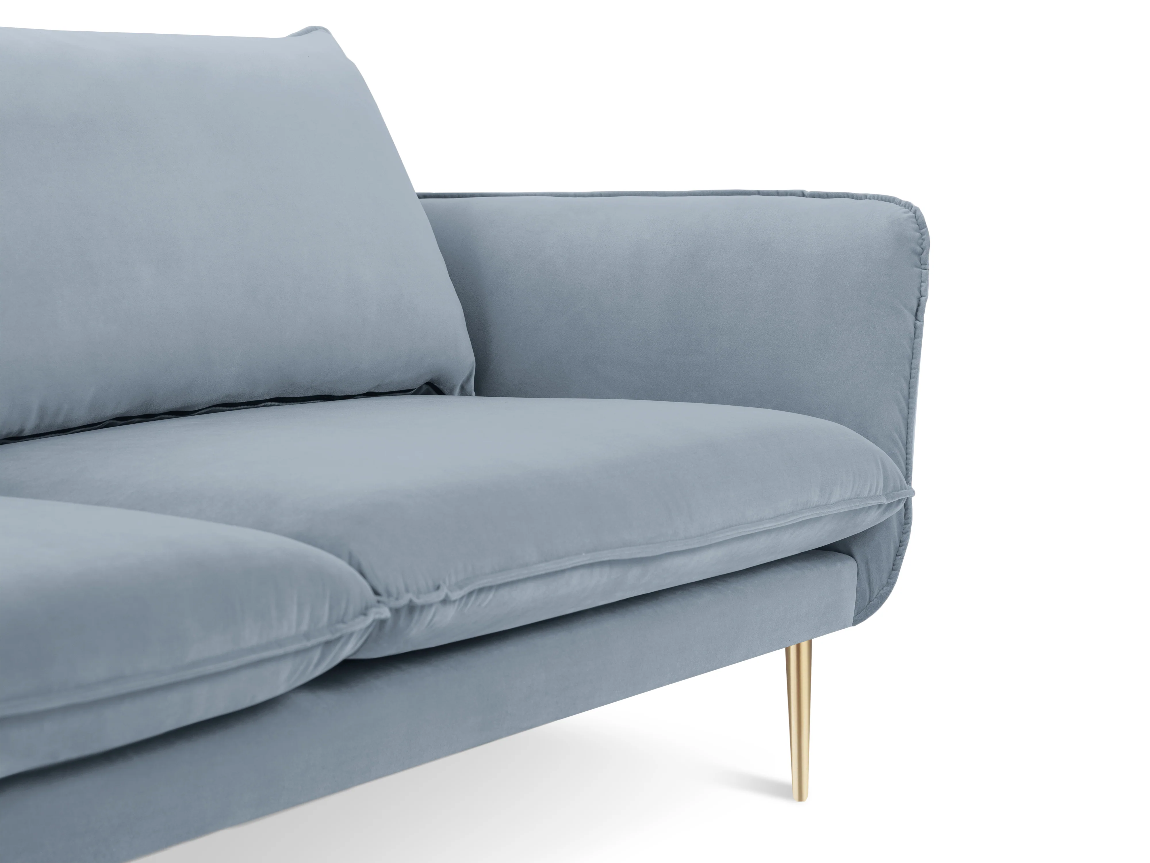 Sofa panoramiczna aksamitna 6-osobowa VIENNA jasnoniebieski ze złotą podstawą - Image 7