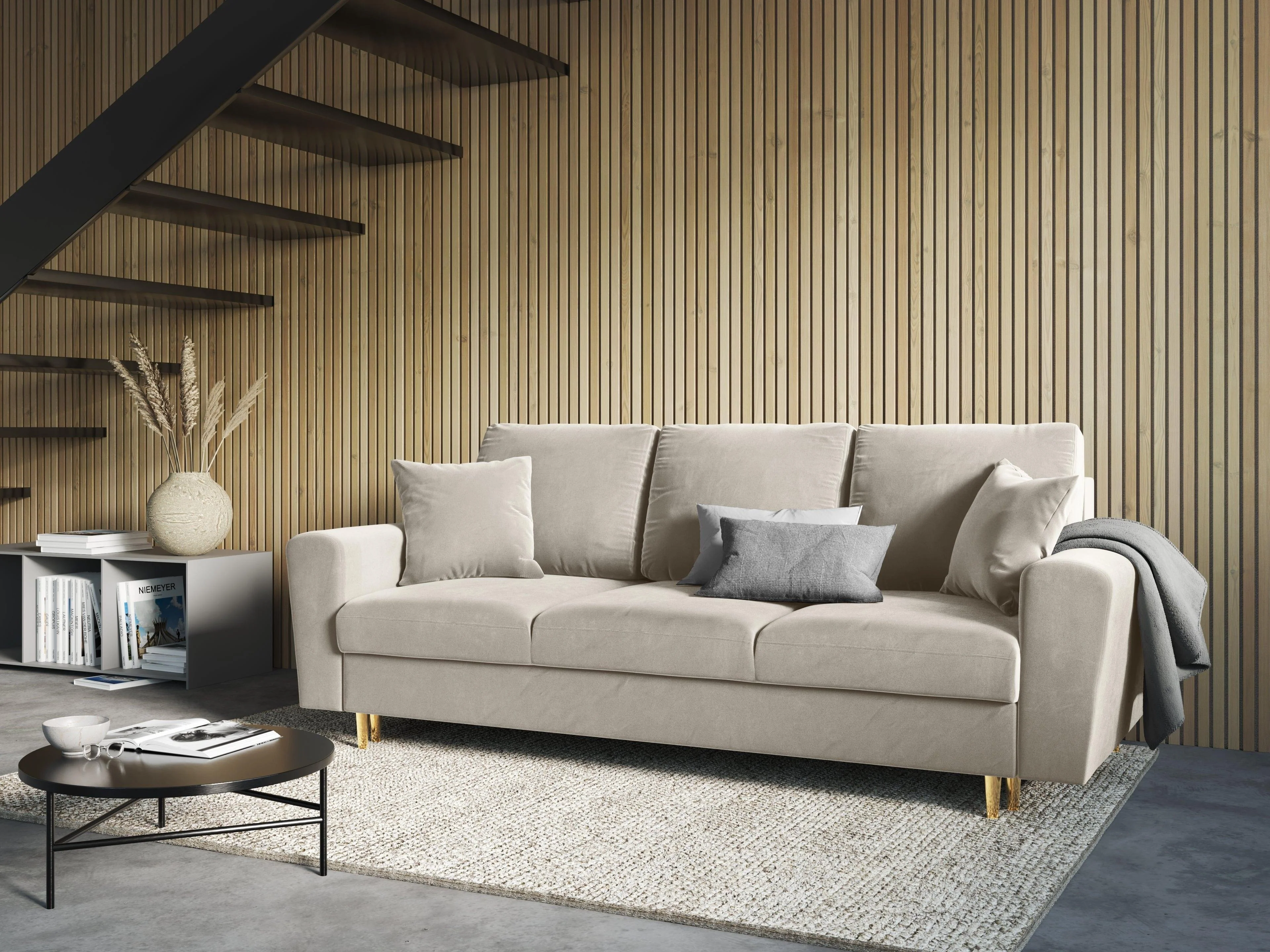 Sofa z funkcją spania KYOTO beżowy ze złotą podstawą - poekspozycyjna - Image 2