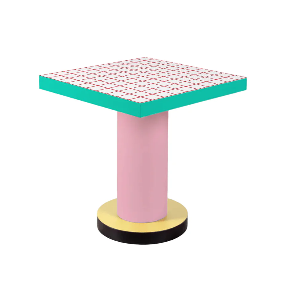 Stół kawiarniany kwadratowy z okragłą podstawą SUPERLOUNGE TABLE RED GRID turkusowy z różowym