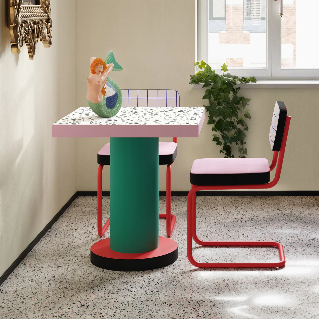 Stół kawiarniany kwadratowy z okrągłą podstawą SUPERLOUNGE TERRAZZO turkusowy z czerwonym - Image 2