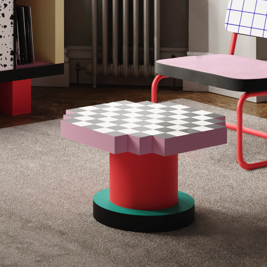 Stolik kawowy SUPERCOFFEE CHESSBOARD różowy z czerownym - Image 2