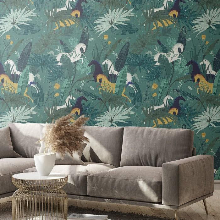 Tapeta flizelinowa z motywem zwierzęcym DREAM HORSES turkusowy