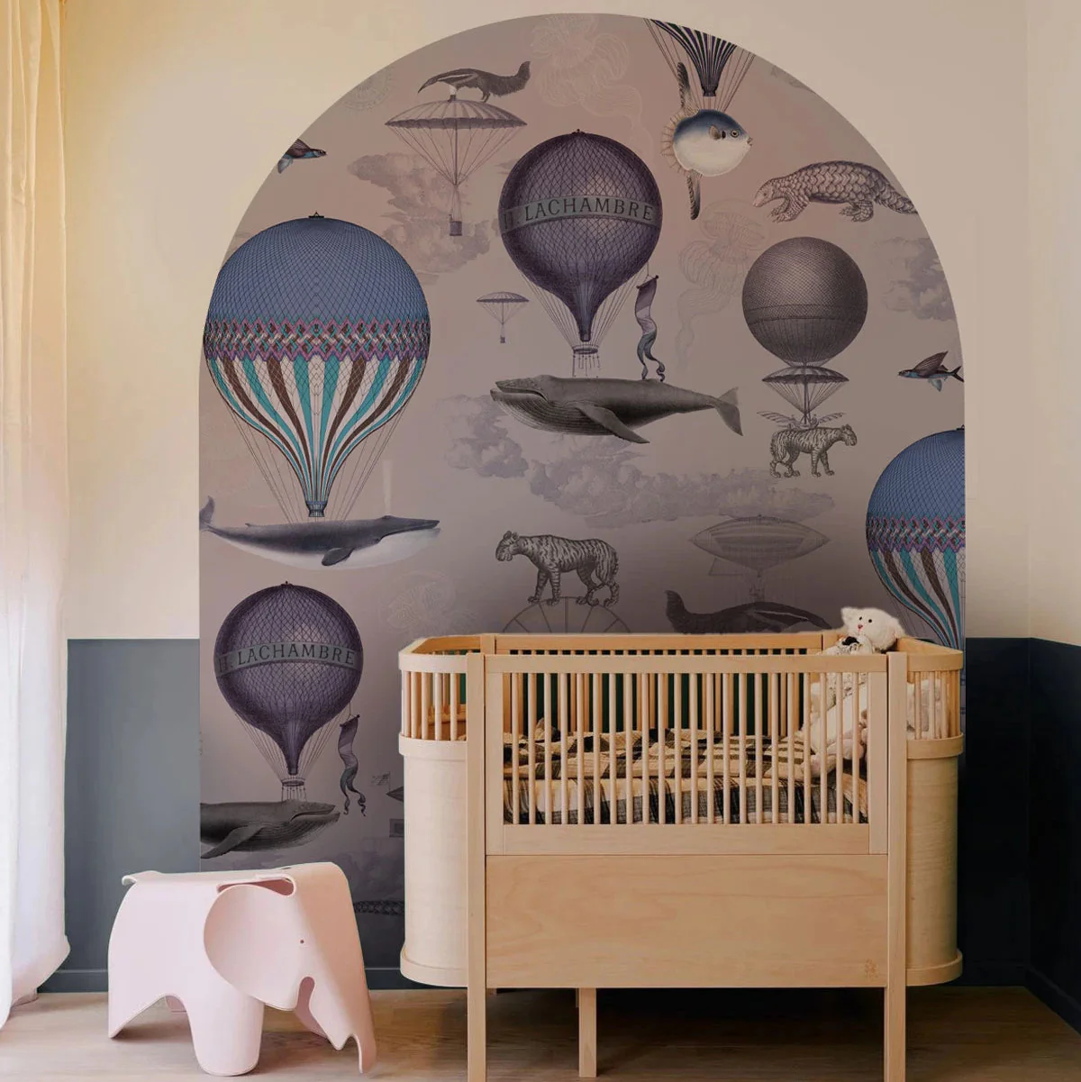 Mural dziecięcy w kształcie łuku VINTAGE BALLOONS purpurowy z niebieskim