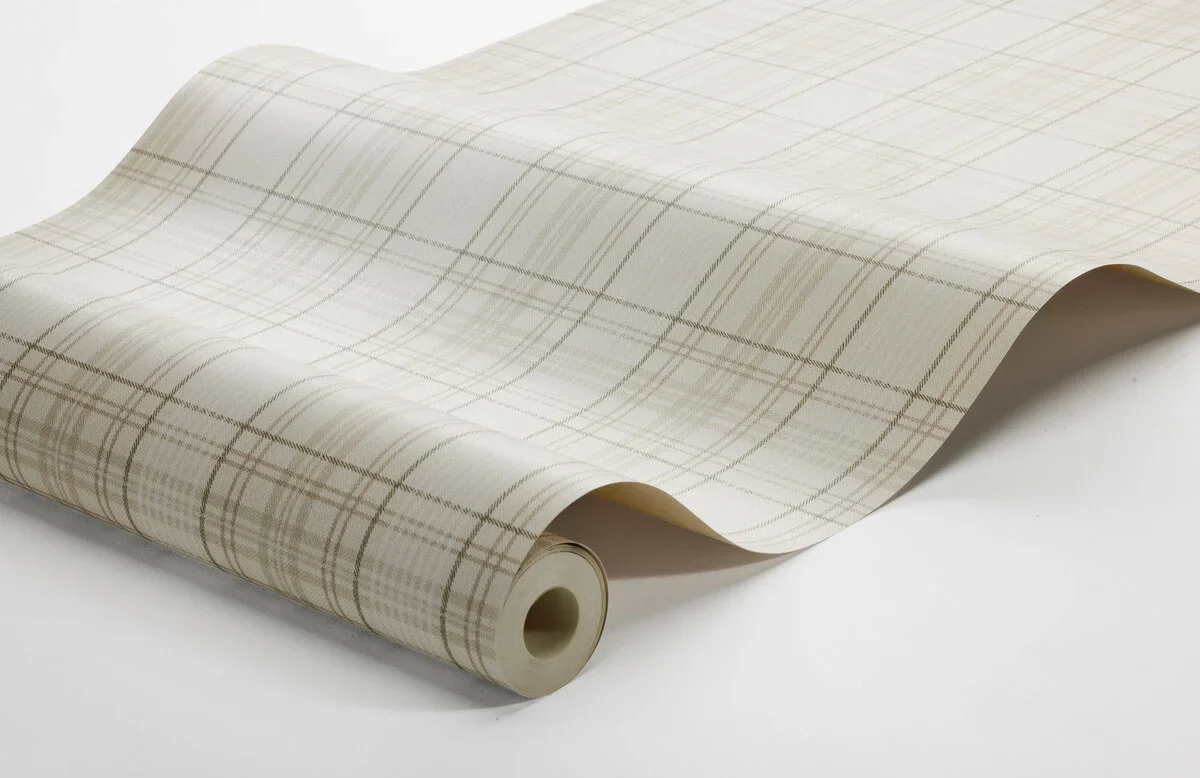 Tapeta z geometrycznym wzorem w szkocką kratkę TAILOR’S TWEED beżowy z białym - Image 3