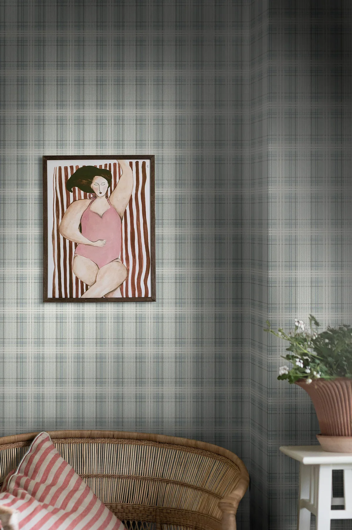 Tapeta z geometrycznym wzorem w szkocką kratkę TAILOR’S TWEED turkusowy z beżowym - Image 2