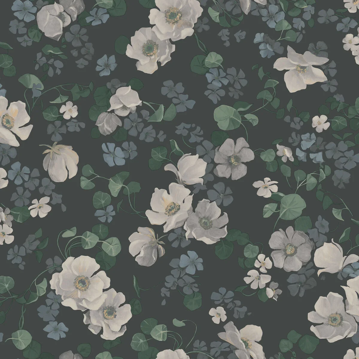 Tapeta flizelinowa papierowa z roślinnym wzorem ENCHANTING FLOWER ciemnoszary z białym