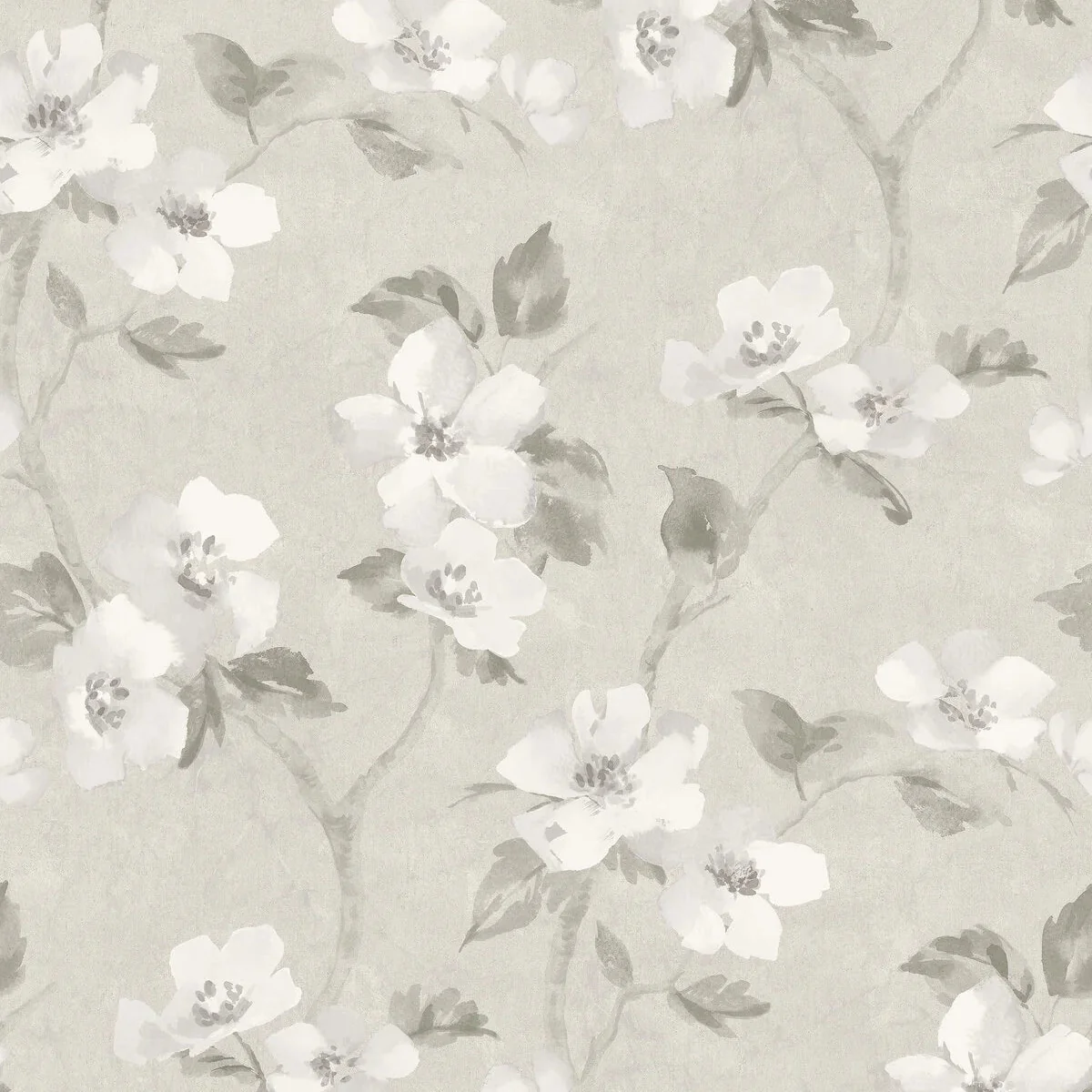 Tapeta z roślinnym wzorem kwiatów HELEN’S FLOWER szarobeżowy z białym