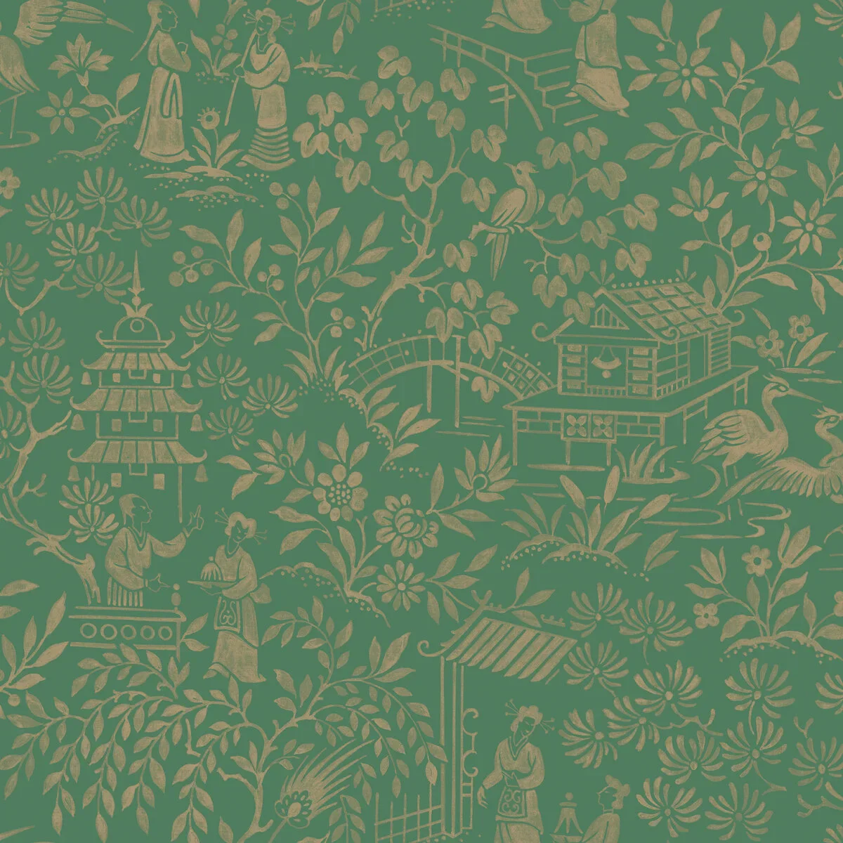 Tapeta flizelinowa papierowa z roślinnym wzorem ORIENTAL GARDEN zielony ze złotym