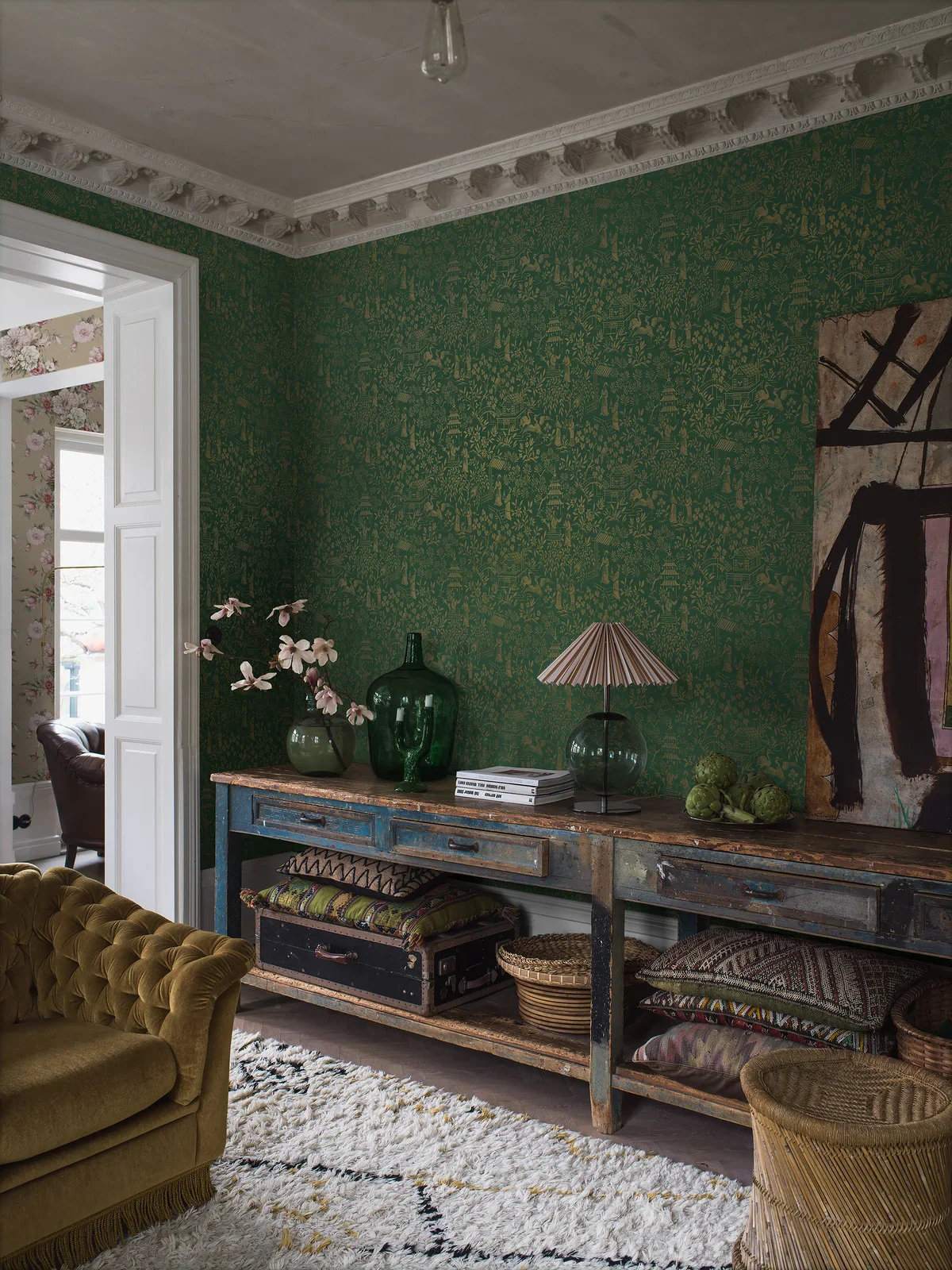 Tapeta flizelinowa papierowa z roślinnym wzorem ORIENTAL GARDEN zielony ze złotym - Image 7