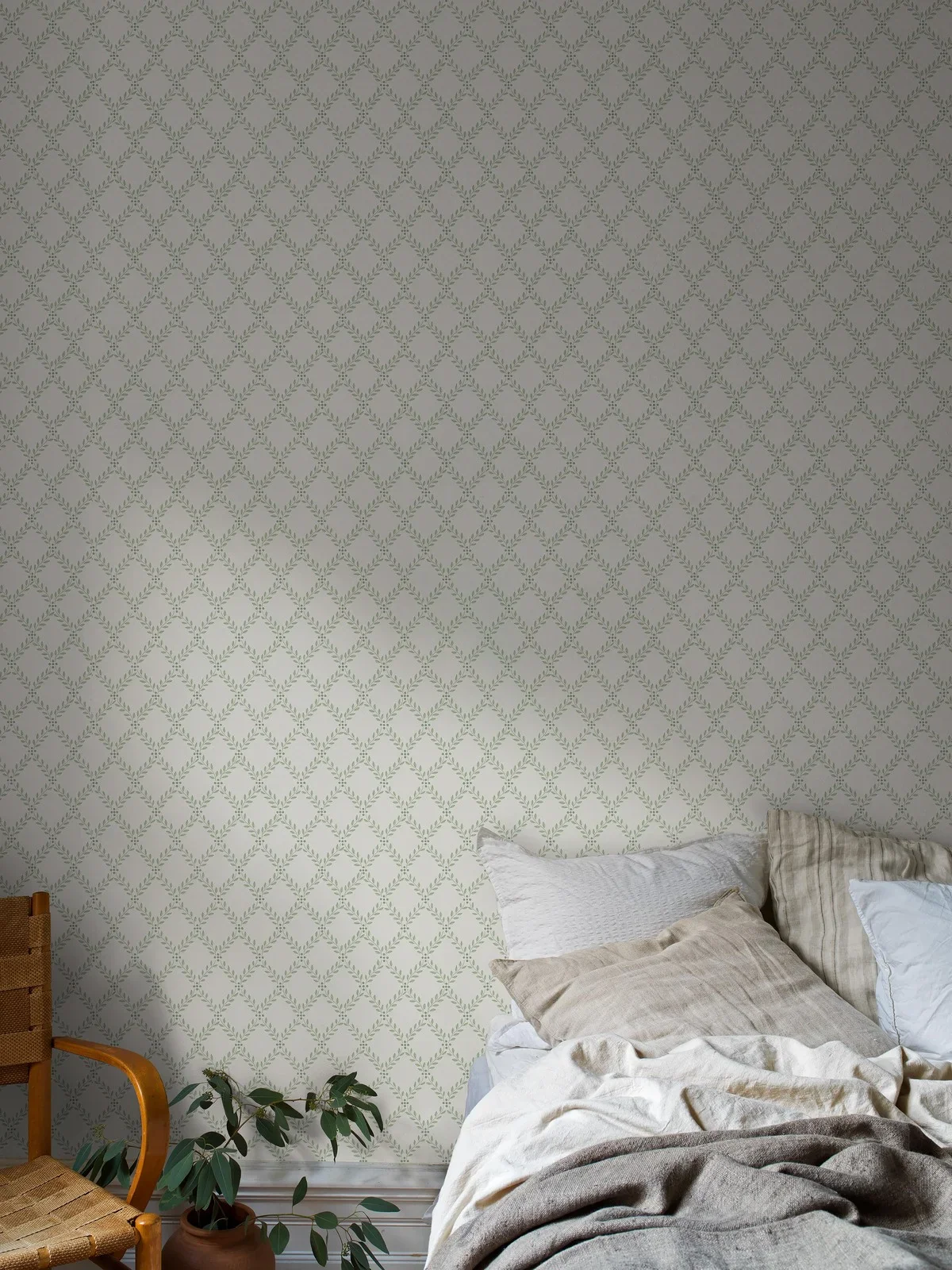 Tapeta z geometrycznym roślinnym wzorem liści TRELLIS LEAVES biały z zielonym - Image 2