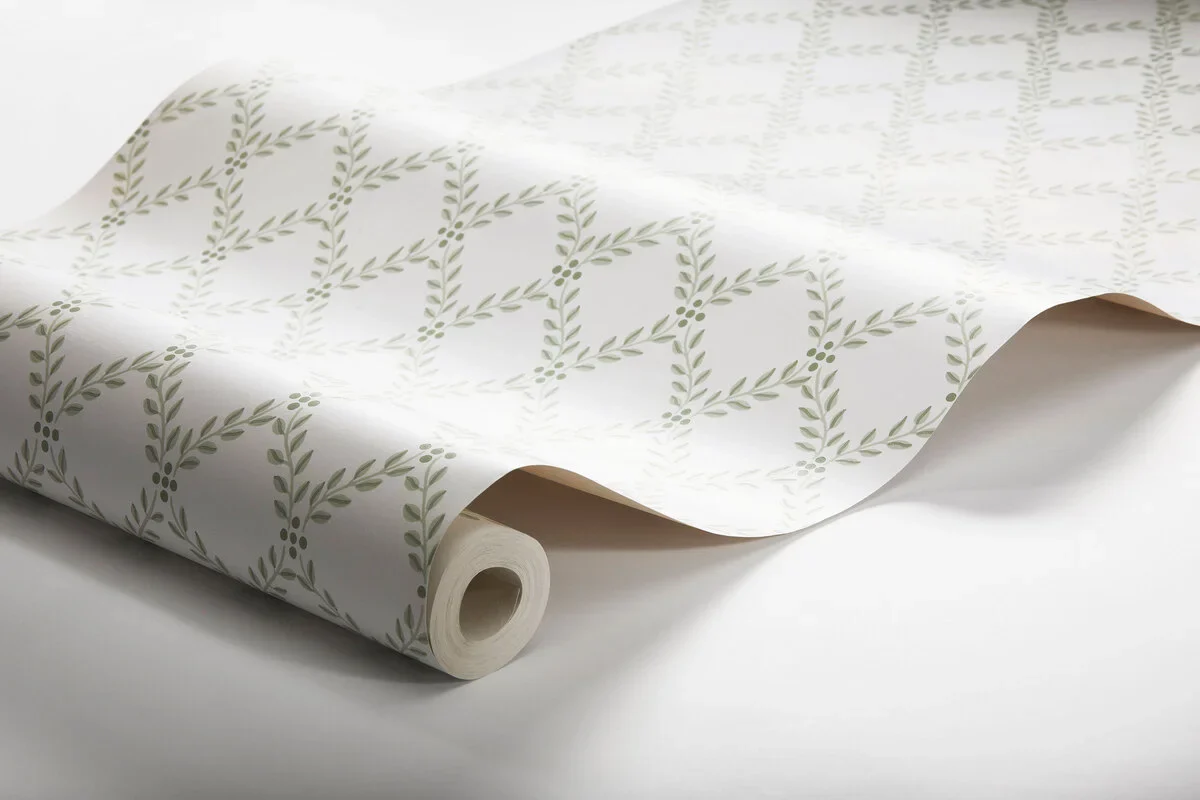 Tapeta z geometrycznym roślinnym wzorem liści TRELLIS LEAVES biały z zielonym - Image 3