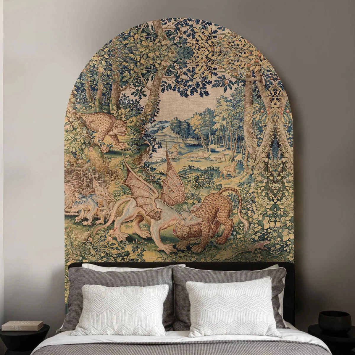 Mural flizelinowy w kształcie łuku DRAGON ARRAS piaskowy beż z zielonym