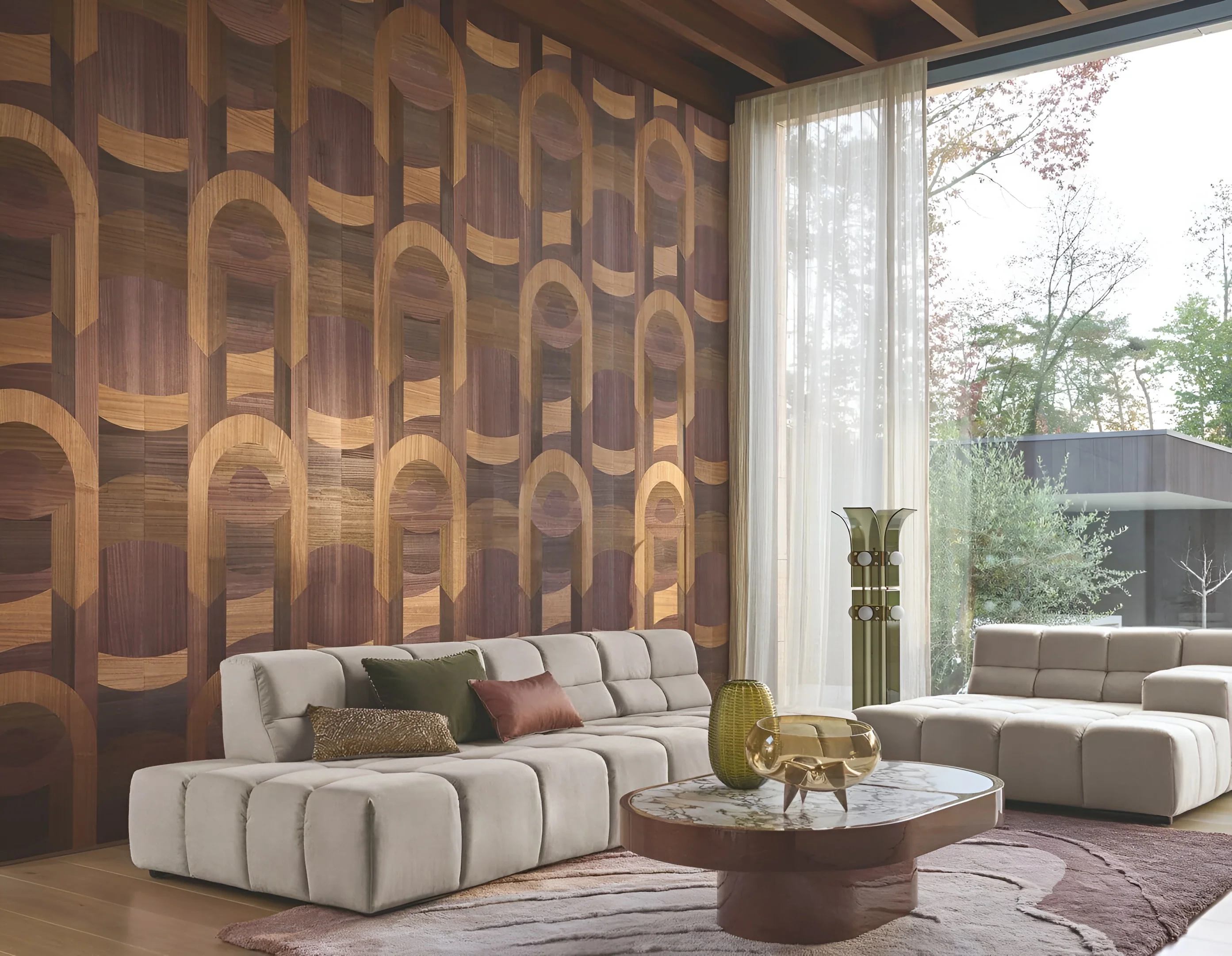 Tapeta fornirowana ze wzorem geometrycznym art deco TRAVERSÉE - AUBERGINE CHÊNE dębowy ciemny brąz - Image 2