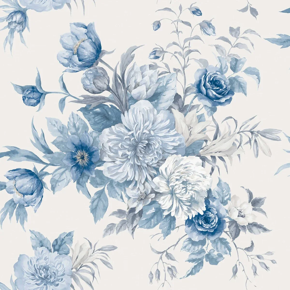 Tapeta flizelinowa papierowa z roślinnym wzorem FLORAL CHARM ciepły biały z niebieskim